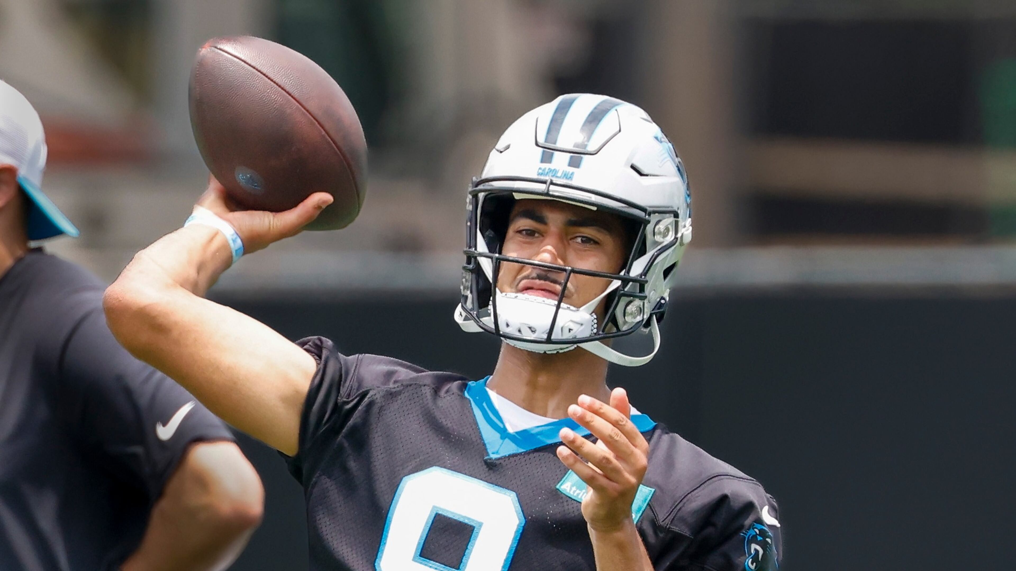 FILE - Carolina Panthers quarterback Bryce Young passes during the team's NFL football practice in Charlotte, N.C., Tuesday, June 9, 2026. (AP Photo/Nell Redmond, File)
