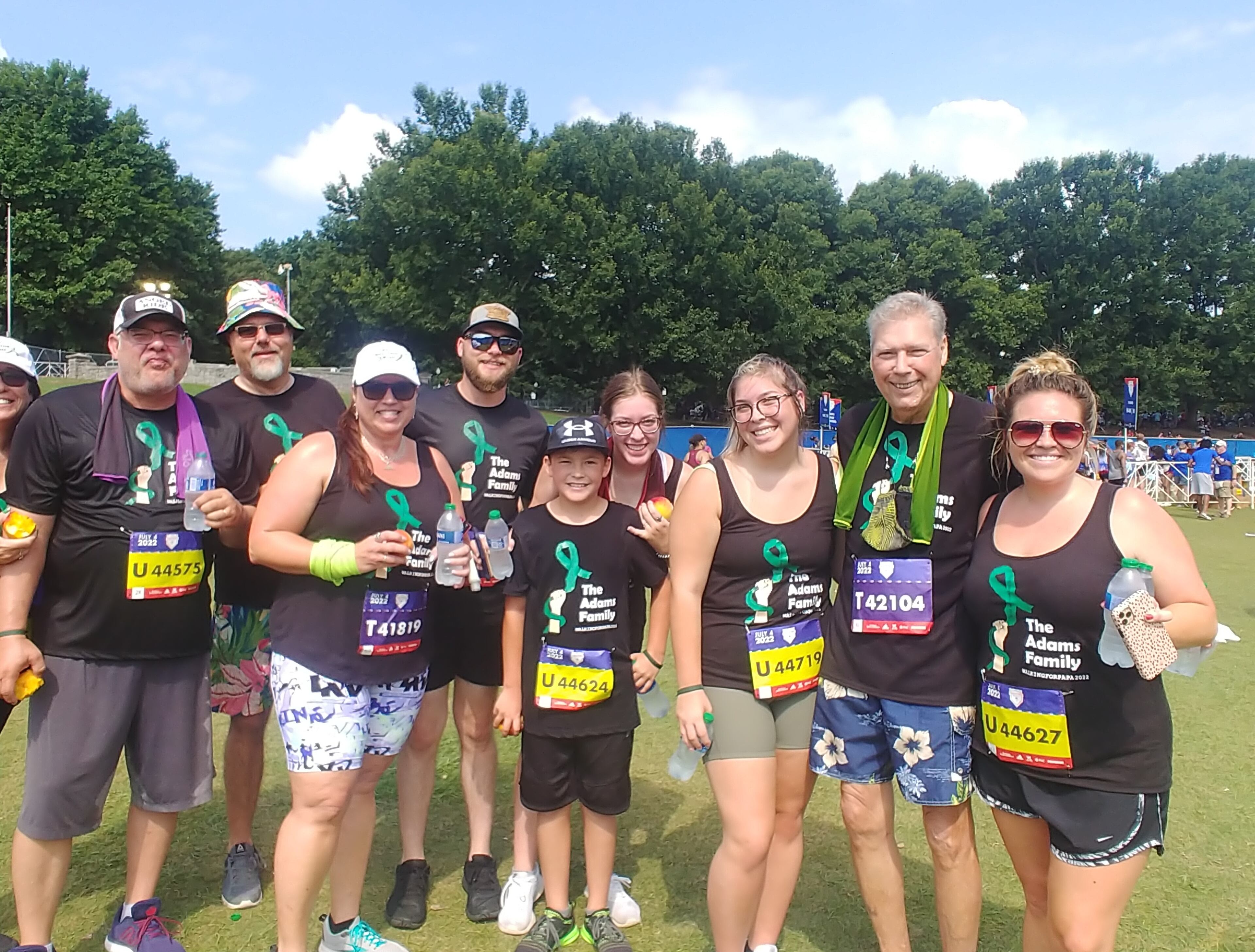 The Adams family of 10 all wore shirts noting how many years they have participated in the Atlanta Journal-Constitution Peachtree Road Race on Monday, July 4, 2022 in Atlanta. John Adams, who was accompanied by his children, grandkids, and great-grandkids, raced for his 41st year.