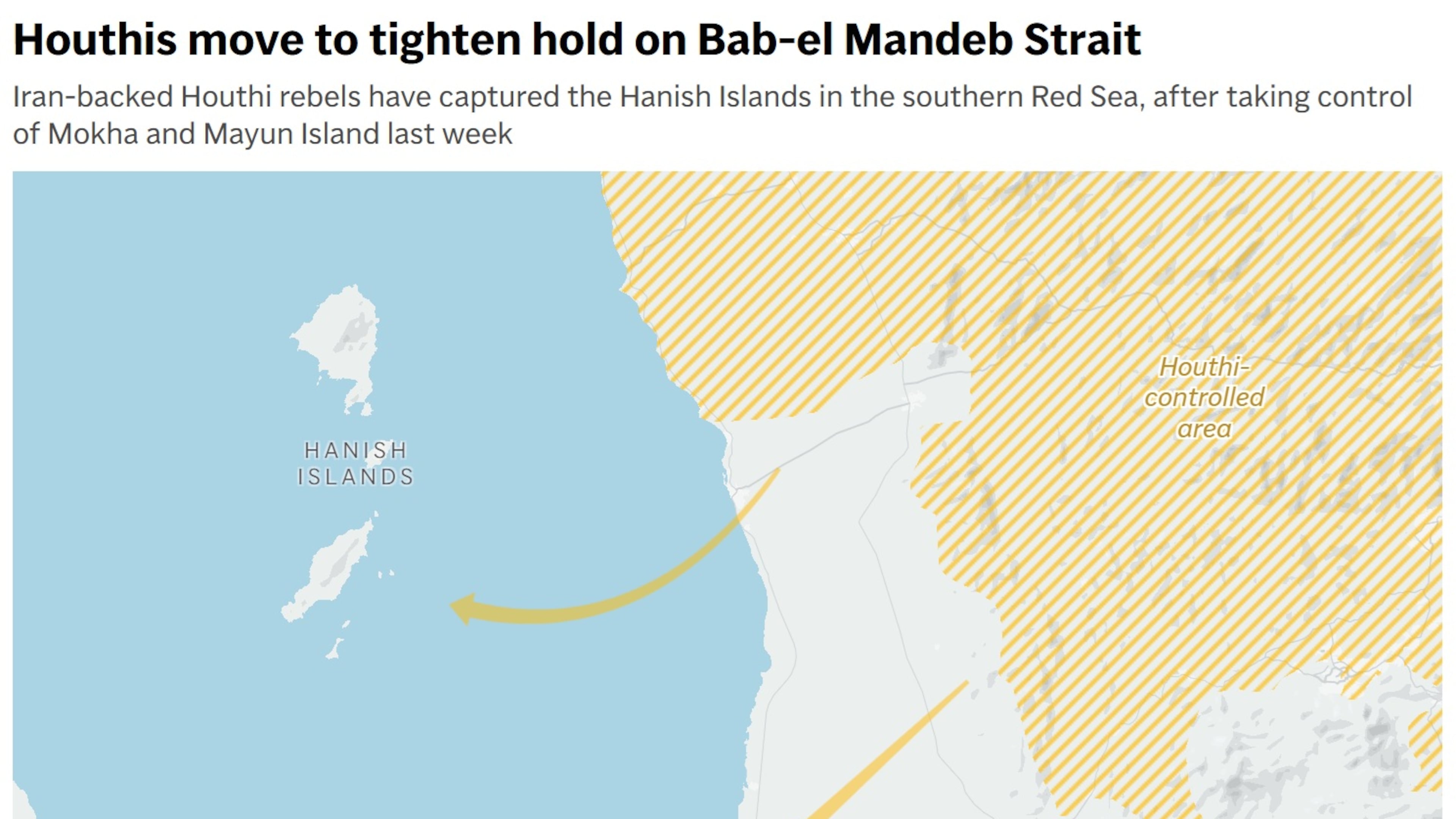 A map showing the Houthis capturing territory near the Bab el-Mandeb Strait. (AP Digital Embed)
