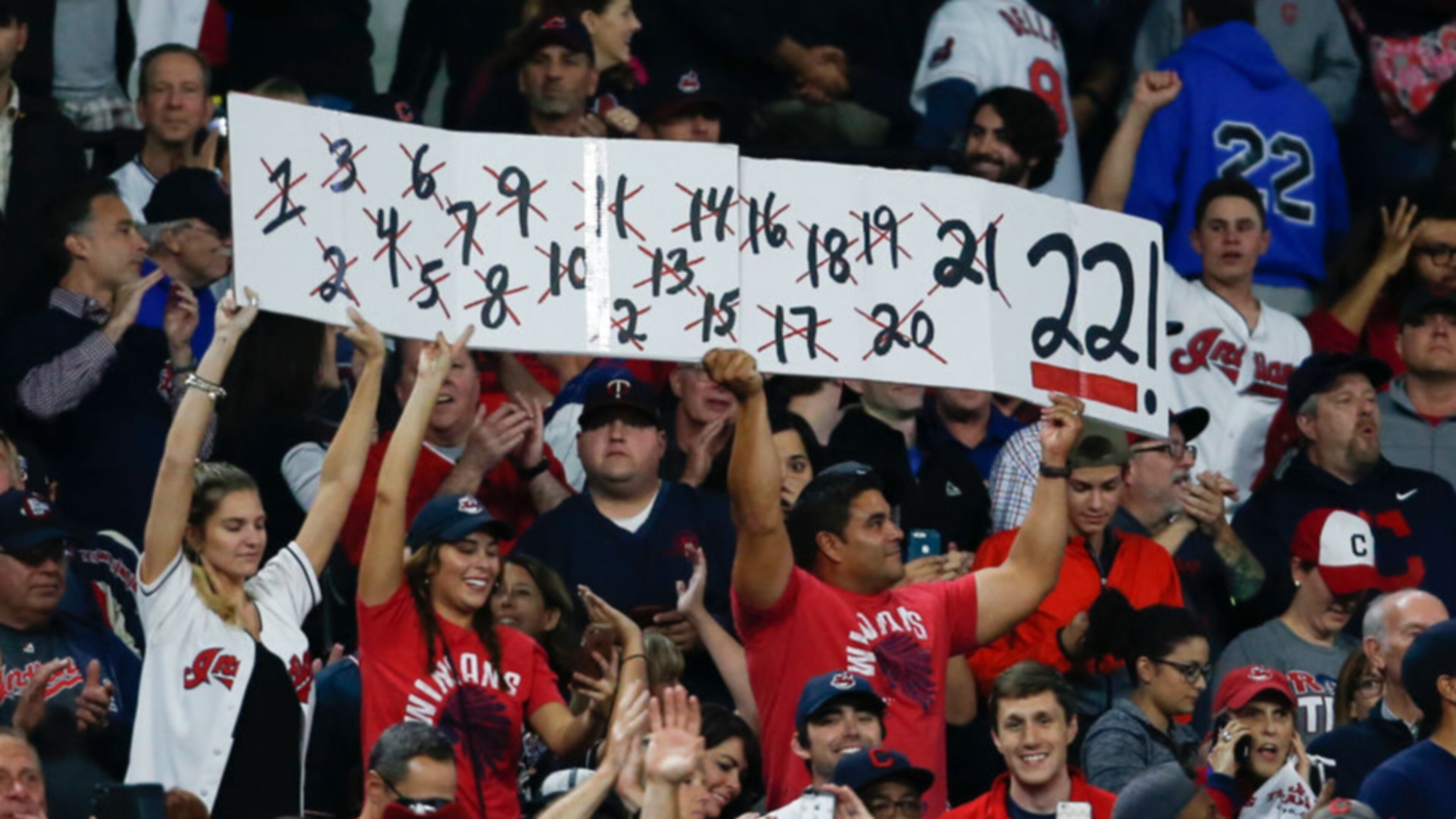Cleveland fans cheer after the Indians defeated the Royals 3-2 in 10 innings at Progressive Field to extend their winning streak to 22.