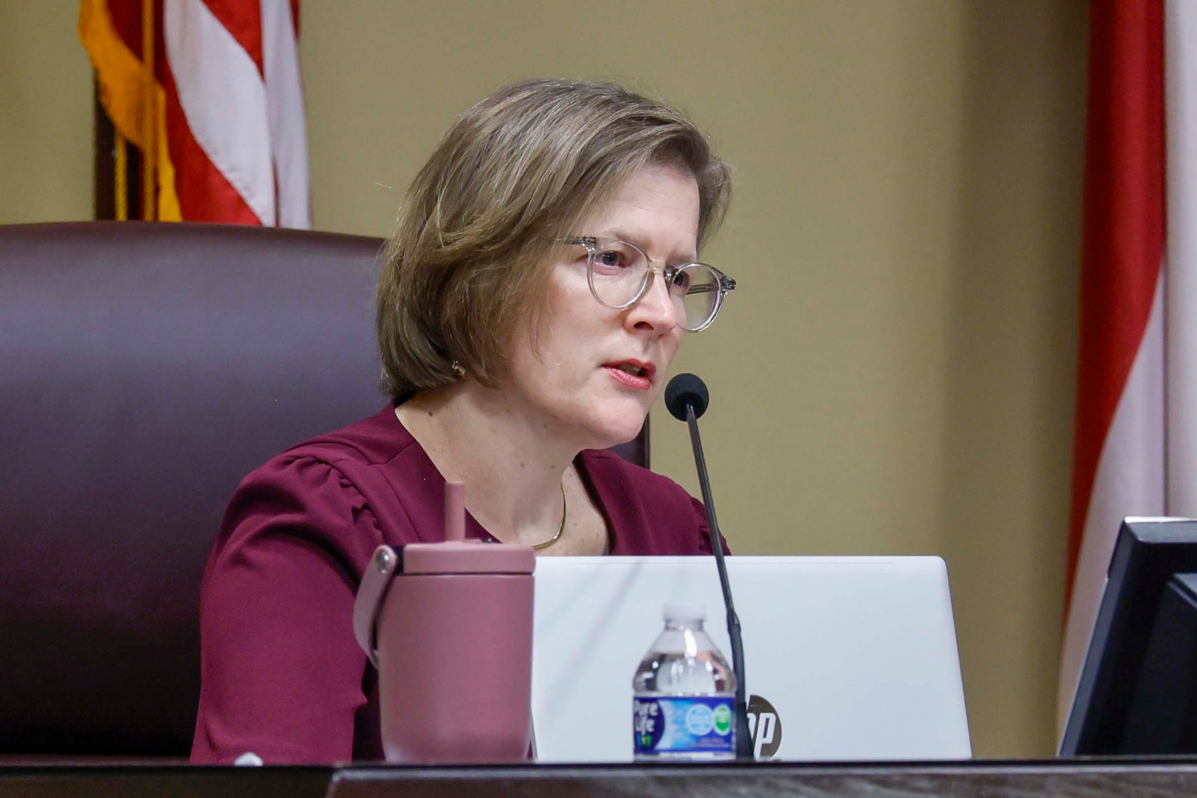 Board member Sara Tindall Ghazal looks during a State Election Board meeting at the Dawson County Government Center on Wednesday, April 15, 2026. (Miguel Martinez/AJC)