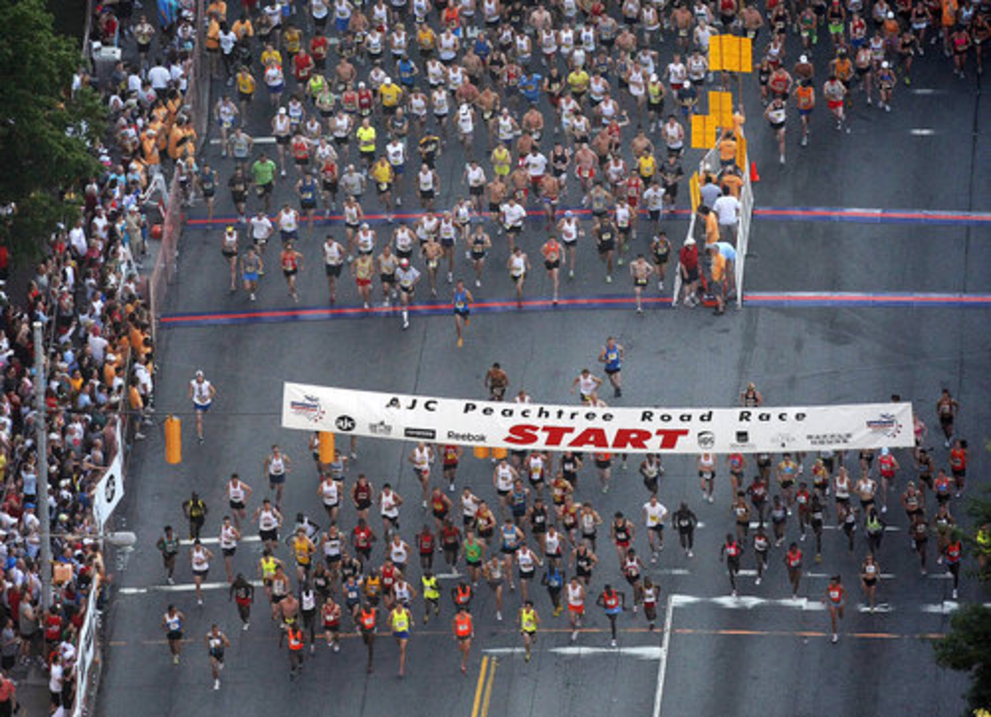As seen from the air, the elite runners take off, followed by the main pack in Saturday's race.