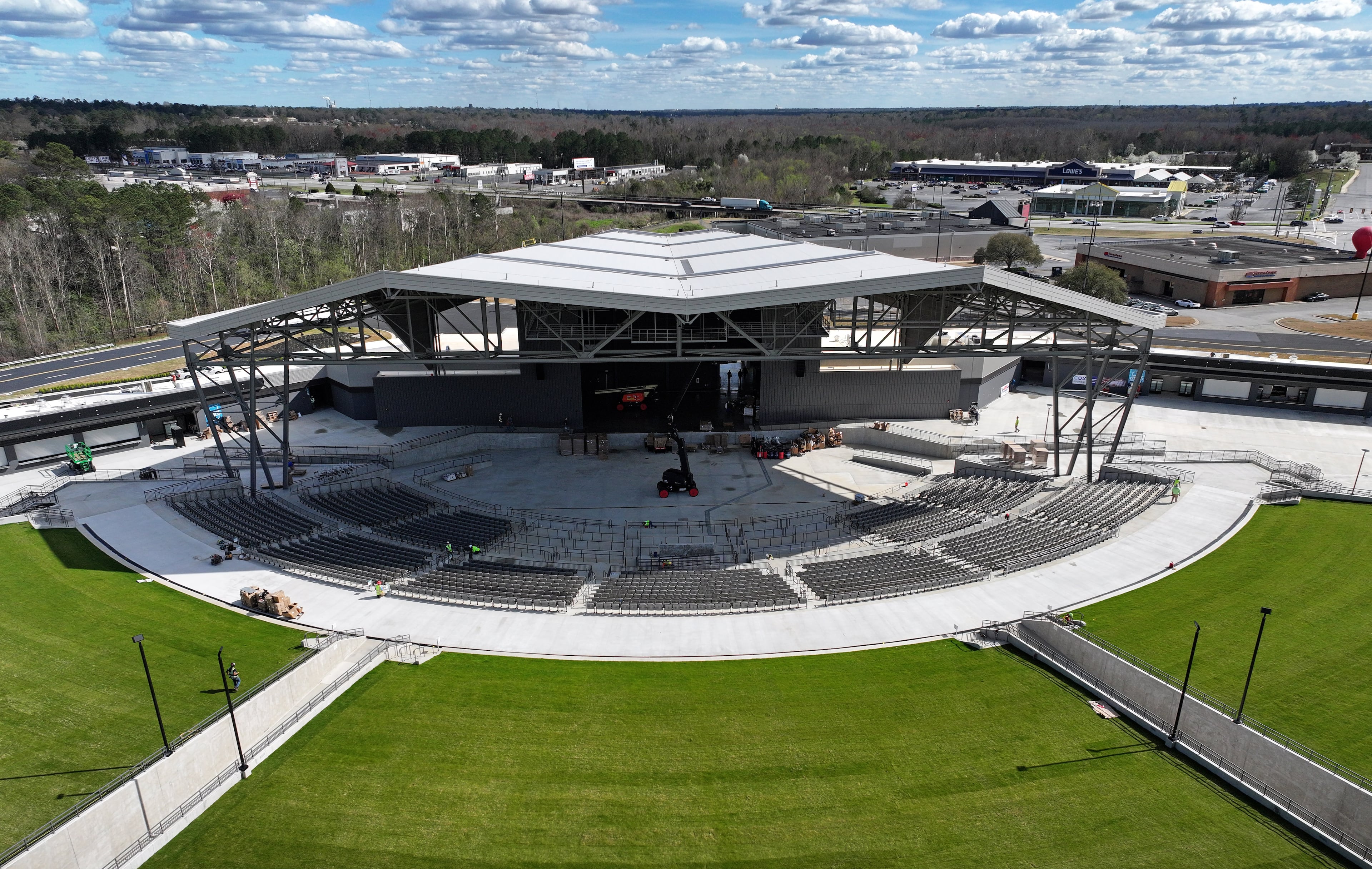 Aerial photograph show Macon Amphitheater in the final stages of construction near Macon Mall in March 2024. (Hyosub Shin/AJC)