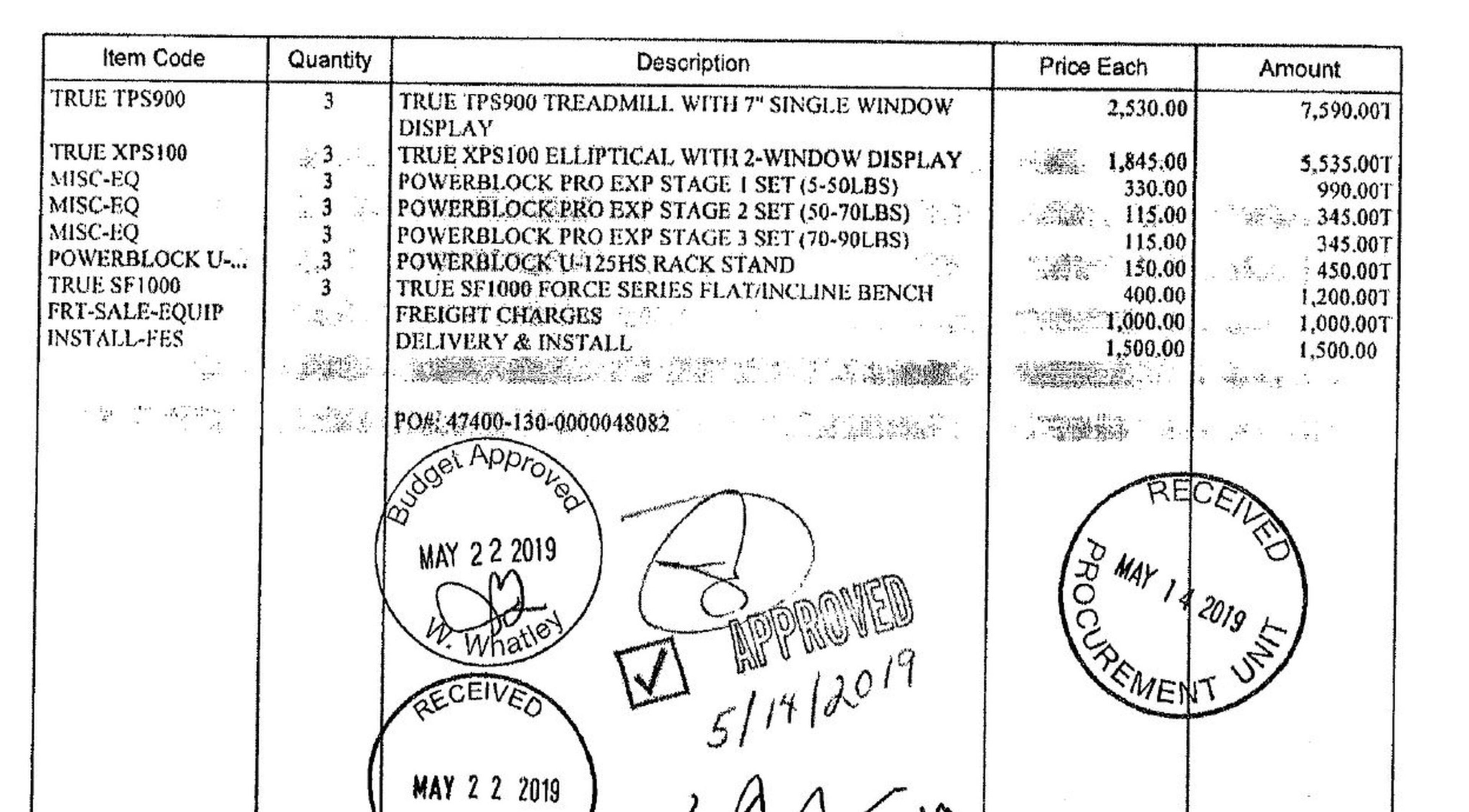 A 2019 invoice shows the purchase of gym equipment by the Georgia Department of Revenue using seized funds from investigations.