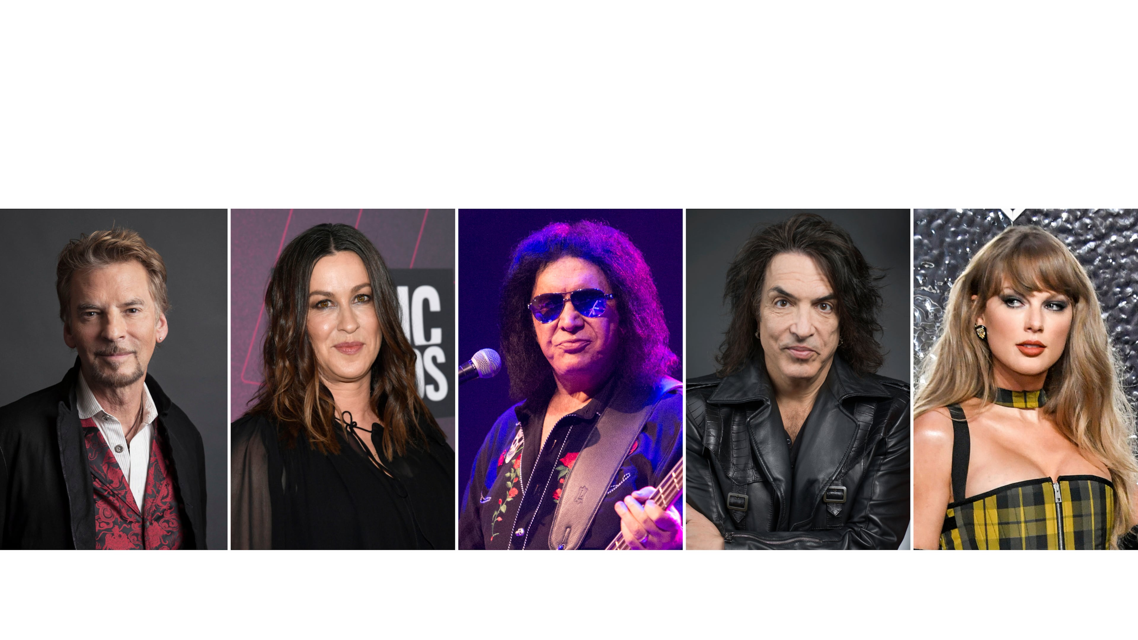 This combination of images shows songwriters, from left, Kenny Loggins, Alanis Morissette, Hene Simmons, Paul Stanley and Taylor Swift. (AP Photo)