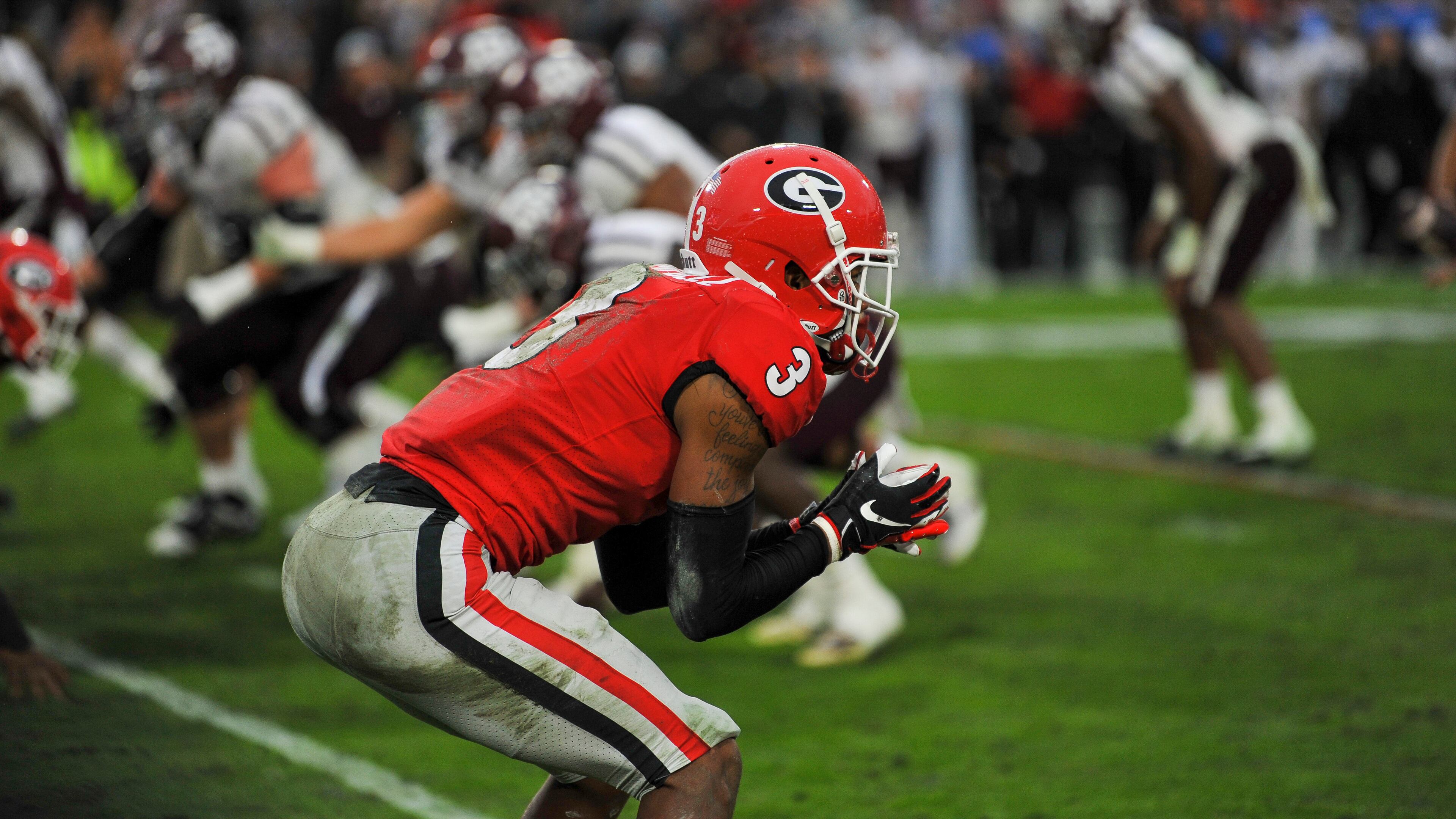 Georgia Bulldogs defensive back Tyson Campbell (3) lines up against the Texas A&M Aggies Nov. 23, 2019, at Dooley Field at Sanford Stadium in Athens. (Al Eckford/UGA)