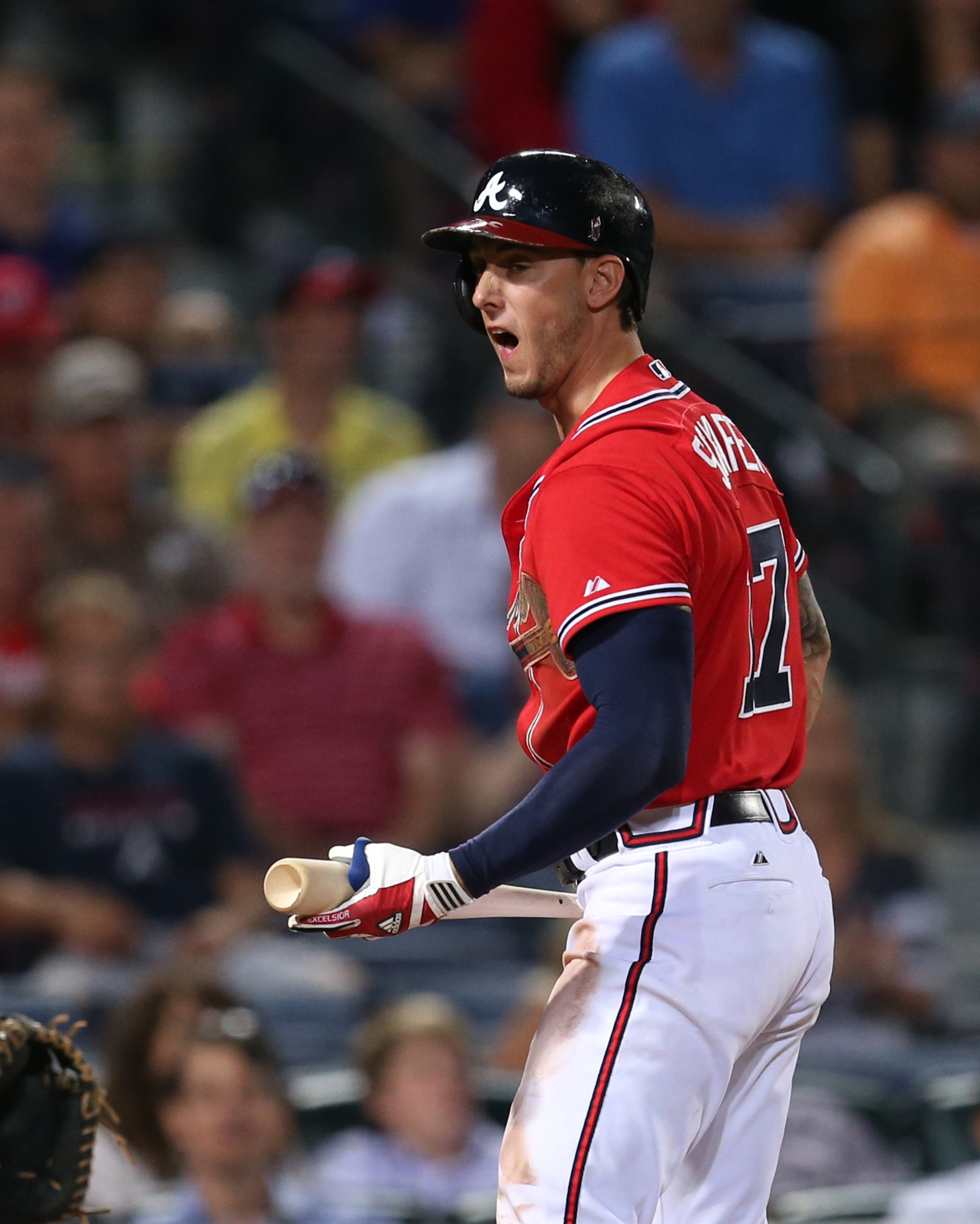 Atlanta Braves outfielder Jordan Schafer reacts after striking out in the 8th inning of their game at Turner Field Friday night in Atlanta, Ga., September 13, 2013. The San Diego Padres won 4-3 over the Atlanta Braves. JASON GETZ / JGETZ@AJC.COM
