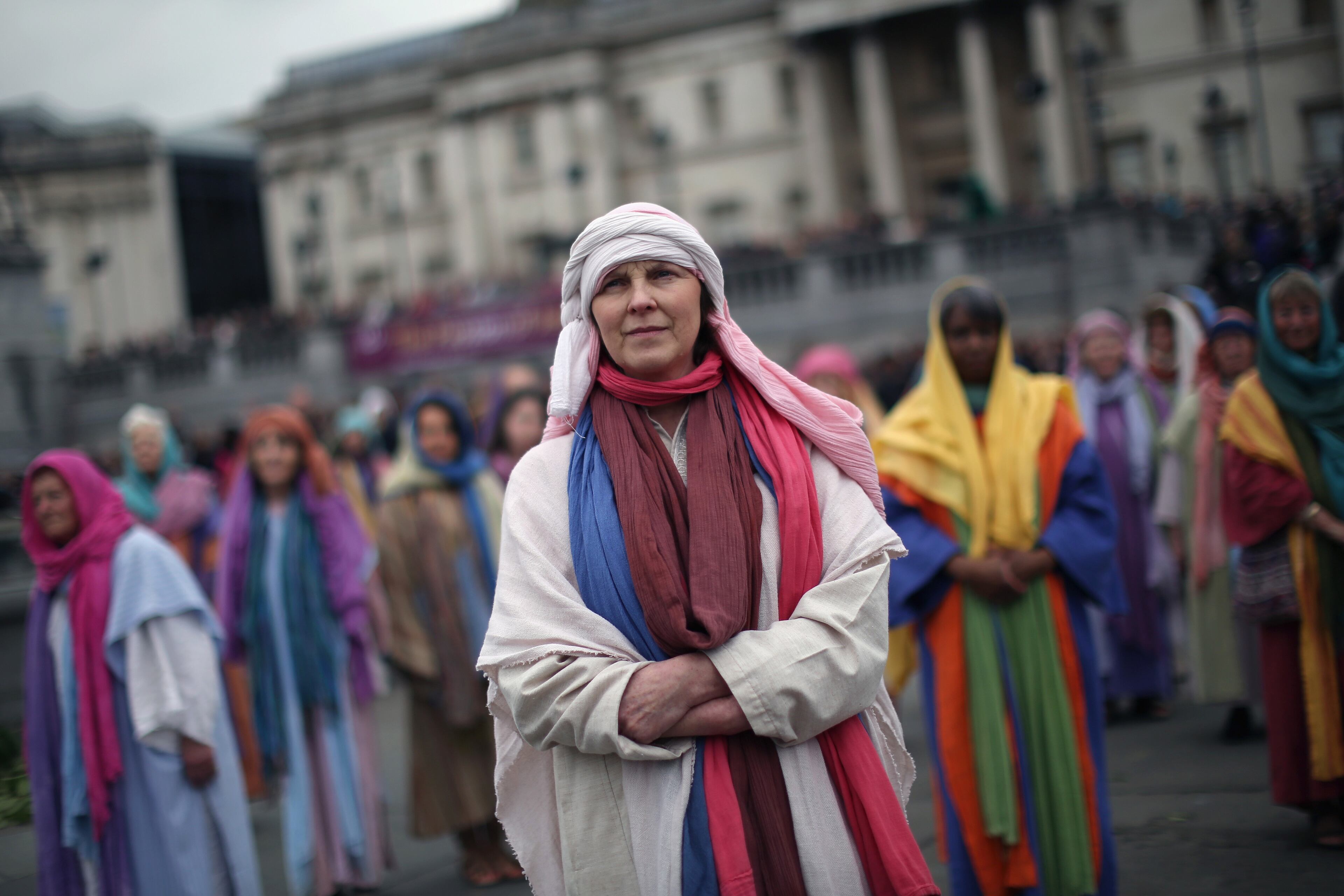 LONDON, ENGLAND - APRIL 03: Actors perform The Wintershall's 'The Passion of Jesus' production in front of crowds on Good Friday in Trafalgar Square on April 3, 2015 in London, England. Good Friday is a Christian religious holiday before Easter Sunday, which commemorates the crucifixion of Jesus Christ on the cross. The Wintershall's theatrical production of 'The Passion of Jesus' includes a cast of 100 actors, horses, a donkey and authentic costumes of Roman soldiers in the 12th Legion of the Roman Army. (Photo by Dan Kitwood/Getty Images)