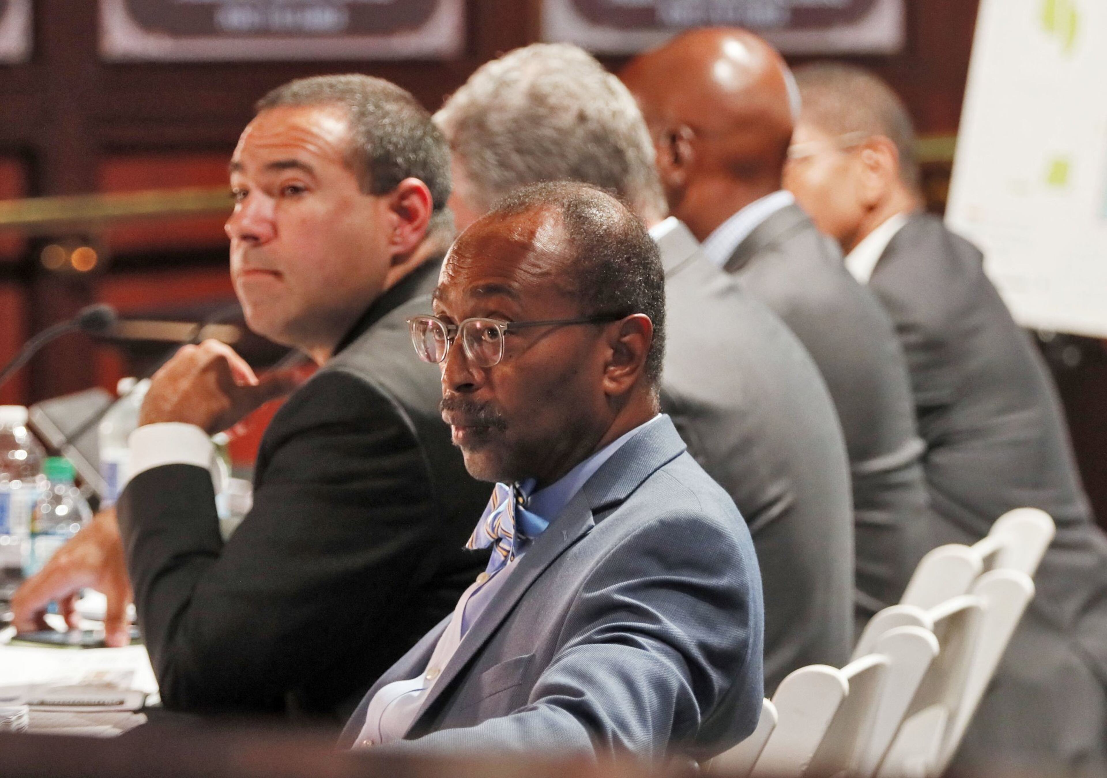 Alvin Kendall (center, front), outside lawyer for the city of Atlanta in the Gulch deal, and Peter Andrews (left), lawyer with Greenberg Traurig, outside lawyer for city, were on the panel presenting to the Atlanta City Council on Thursday, Sept. 13, 2018. council. Council members attended a committee work session to study the Gulch deal.