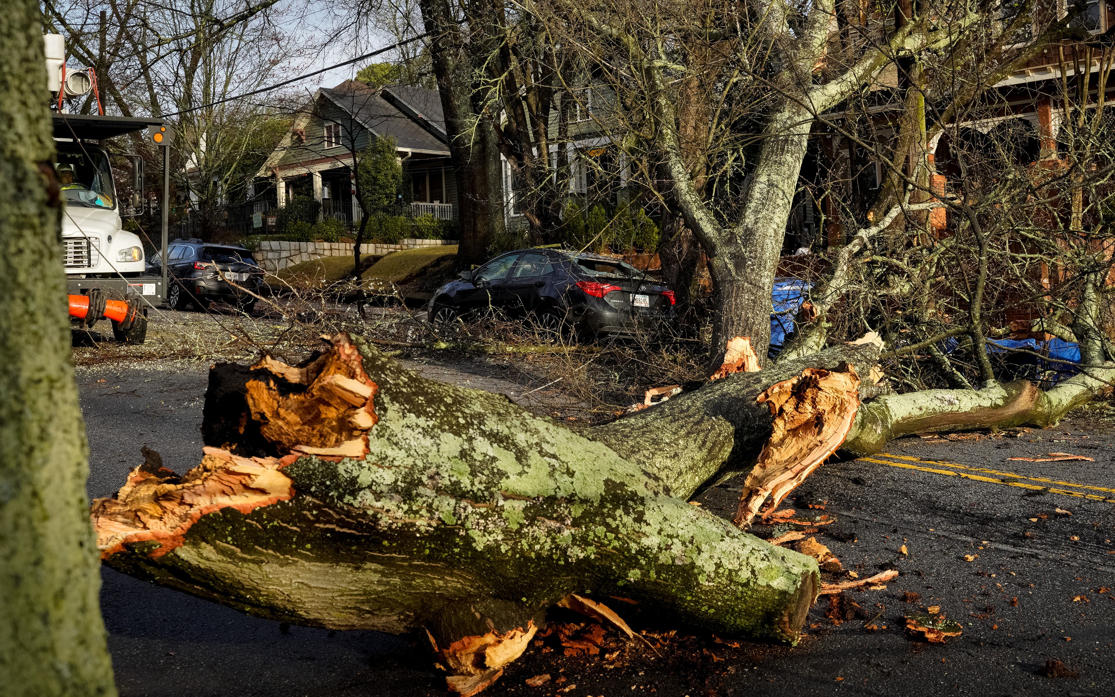 A large tree lays broken across Ormewood Avenue in Atlanta after an early morning storm on Wednesday, March 5, 2025 (Ben Hendren for the Atlanta Journal-Constitution)