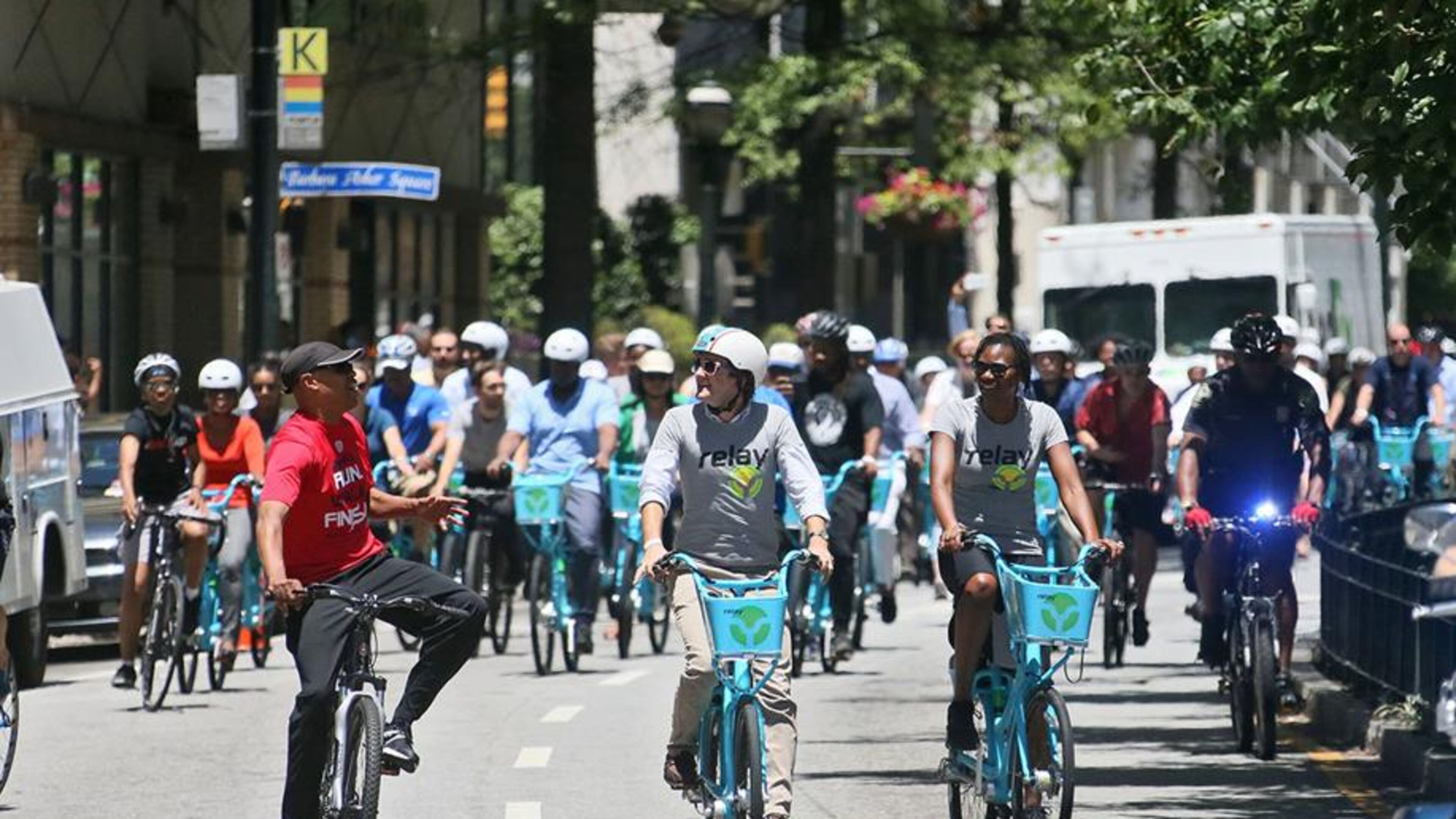 Bike riders take to the streets on an escorted ride downtown as part of a launch of the city’s new bike share system, which included a program of speakers an a two mile bike ride around downtown. (BOB ANDRES / BANDRES@AJC.COM)