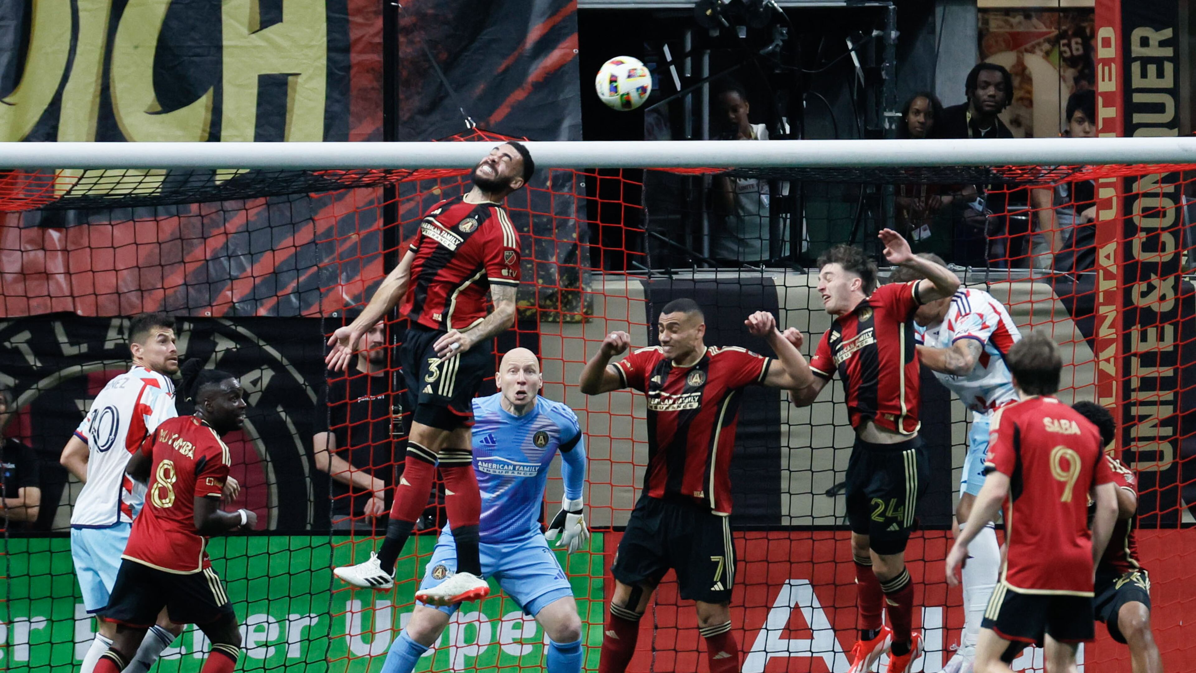 Atlanta United defender Derrick Williams (3) rejects the ball with a header during the second half against the Chicago Fire at Mercedes-Benz Stadium on Sunday, March 31, 2024.
Miguel Martinez / miguel.martinezjimenez@ajc.com