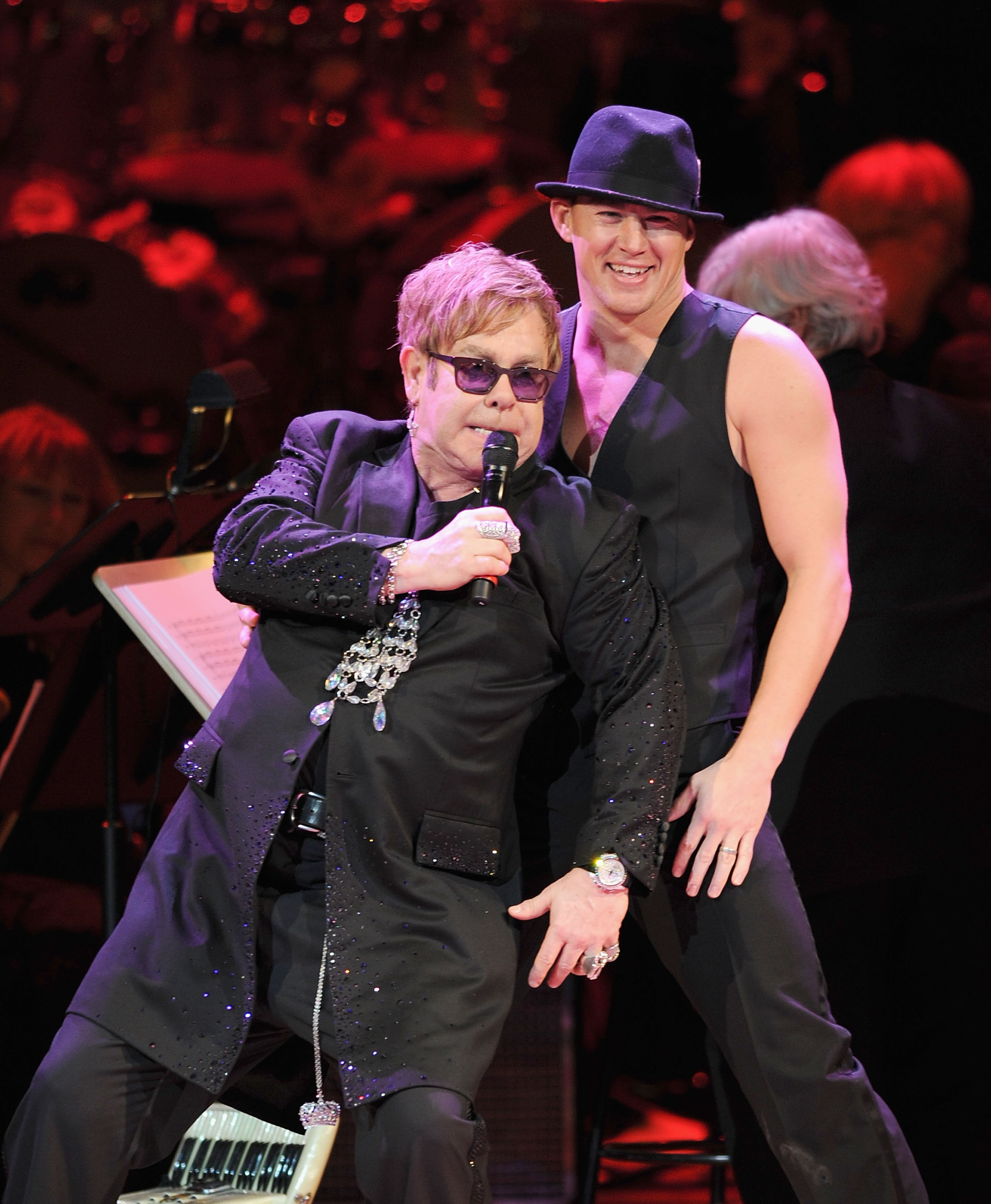 NEW YORK, NY - APRIL 03: Channing Tatum and Sir Elton John perform during the 2012 Concert for the Rainforest Fund at Carnegie Hall on April 3, 2012 in New York City. (Photo by Jamie McCarthy/Getty Images)