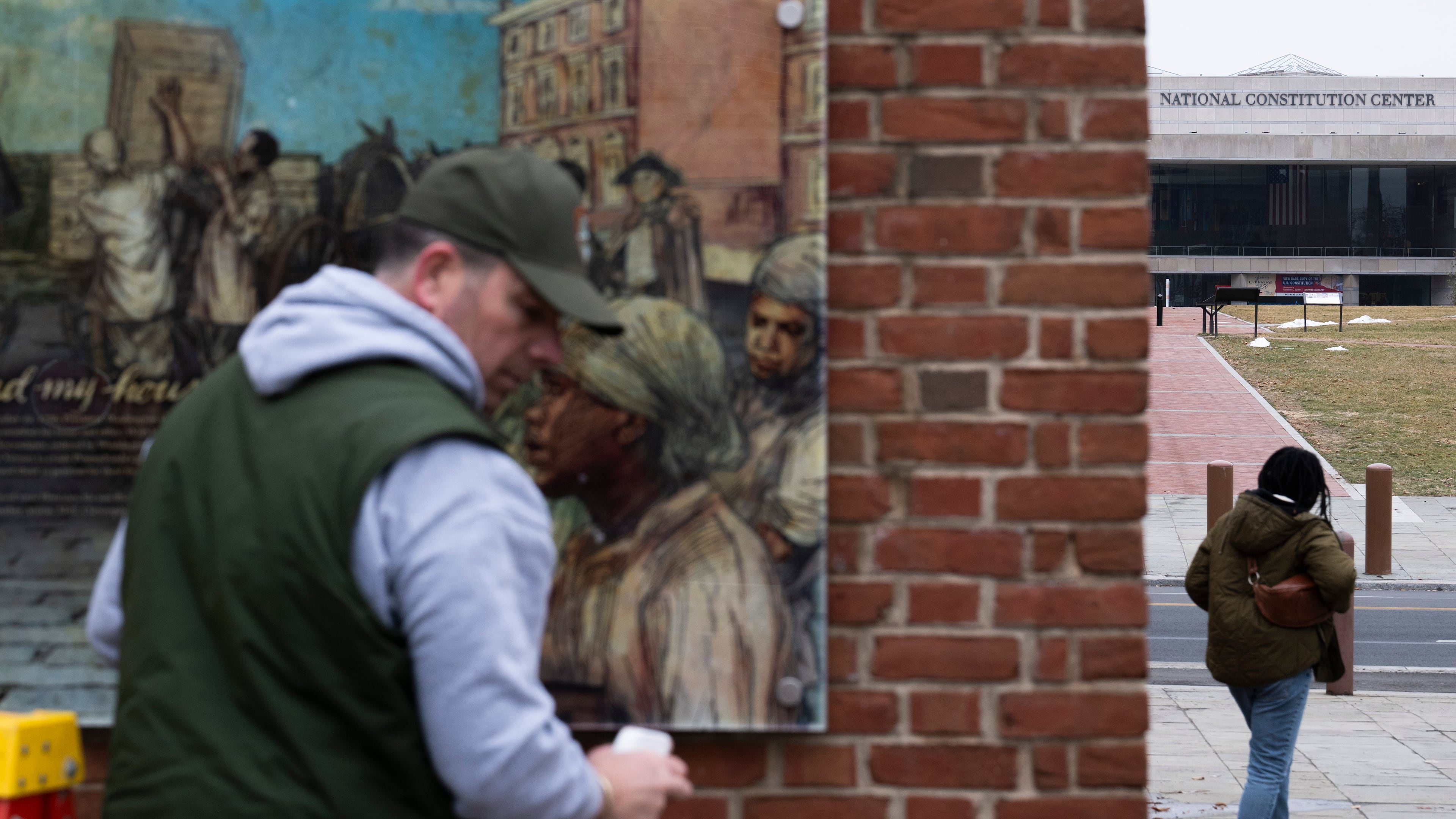 FILE - Panels that were part of an exhibit on slavery at the President's House Site in Philadelphia are put back on Feb. 19, 2026. (AP Photo/Joe Lamberti, File)