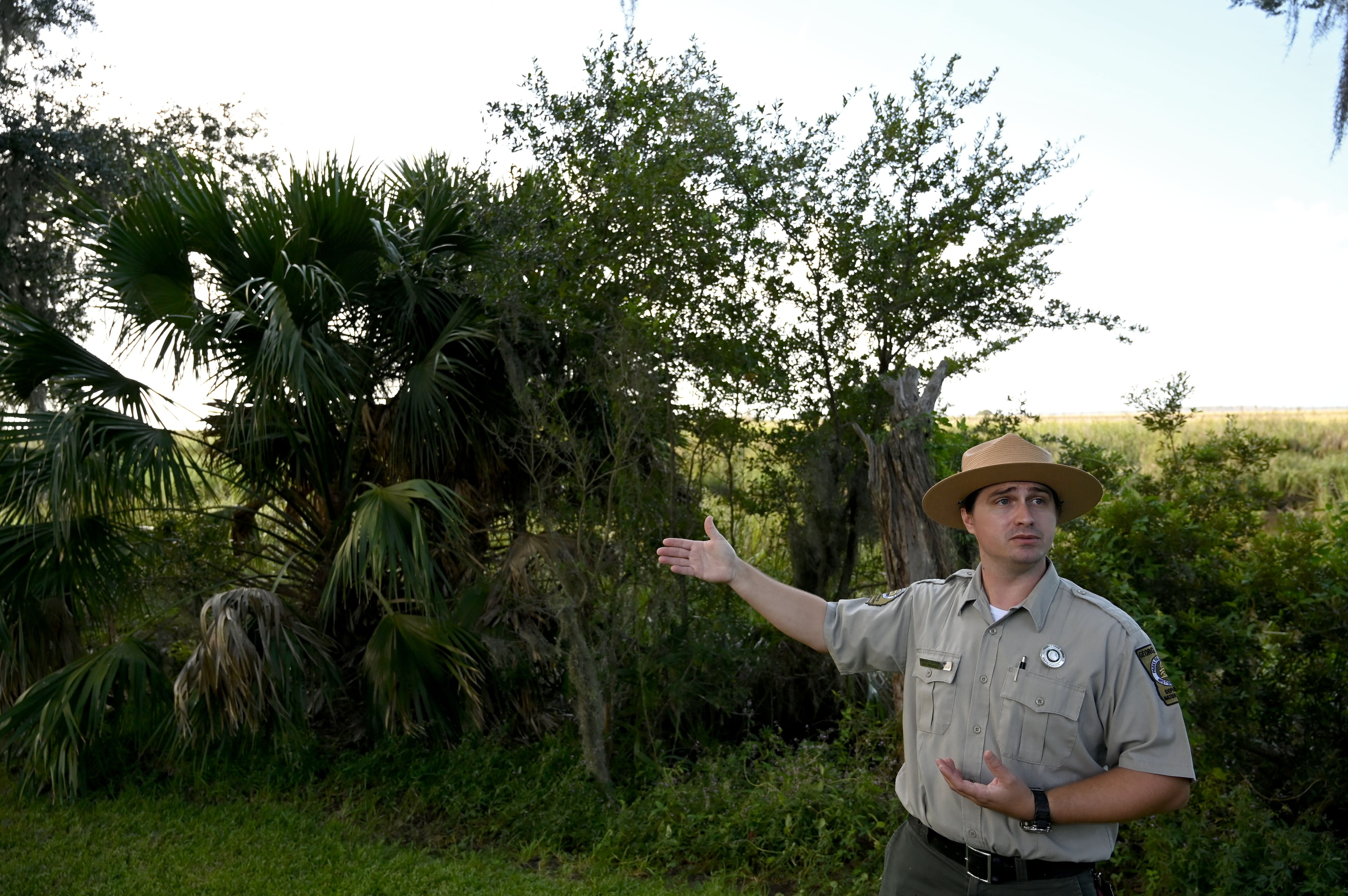 Michael Putman, site manager at Fort King George State Historic Site, discusses the history of the Guale people and the Spanish missions along Georgia's coast. (Hyosub Shin/AJC)