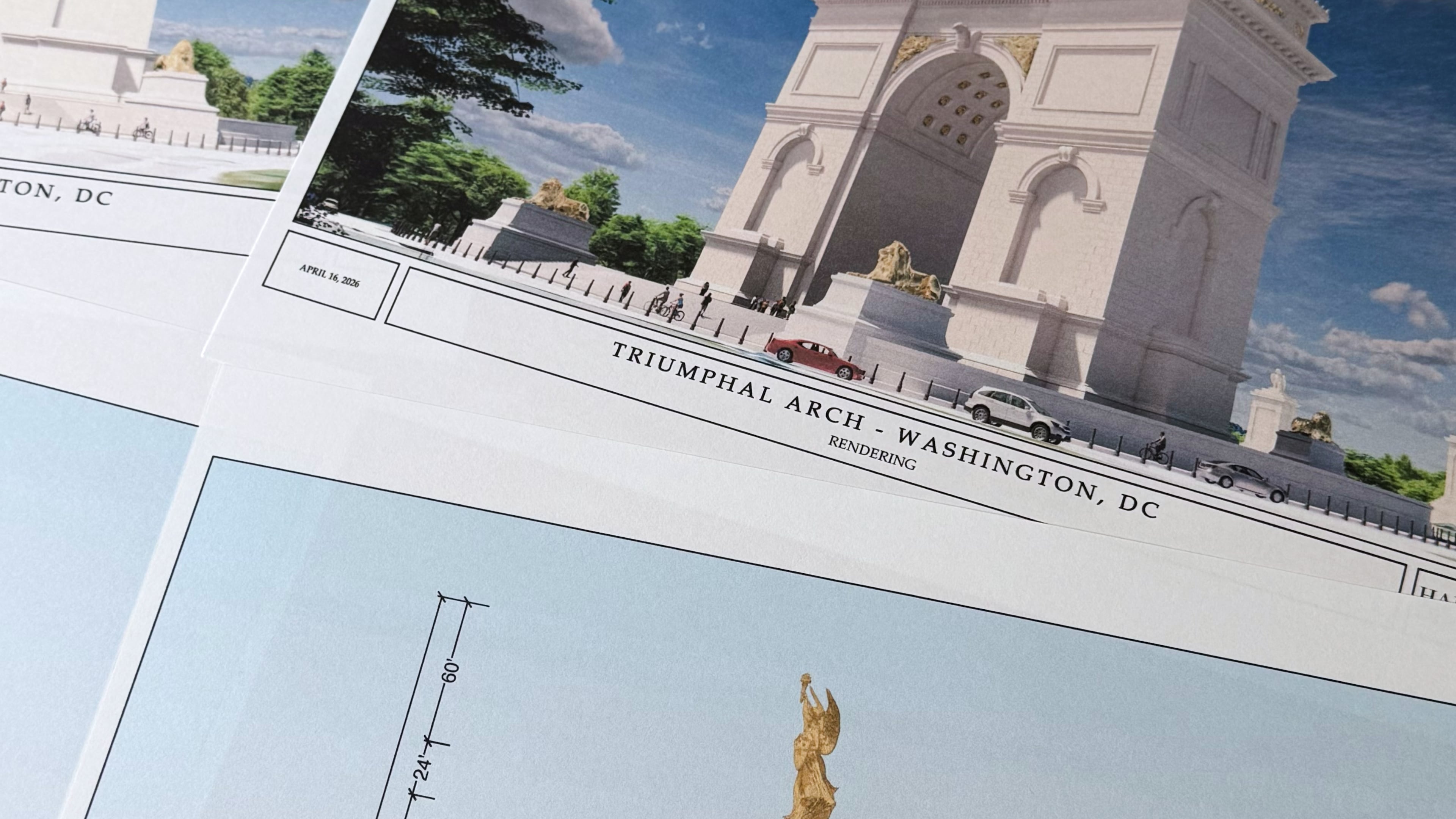 FILE - Artist renderings and diagrams for President Donald Trump's new triumphal arch released by the U.S. Commission of Fine Arts that is planned to be built in Washington between the Lincoln Memorial and Arlington National Cemetery, are photographed, April 10, 2026. (AP Photo/Jon Elswick, file)