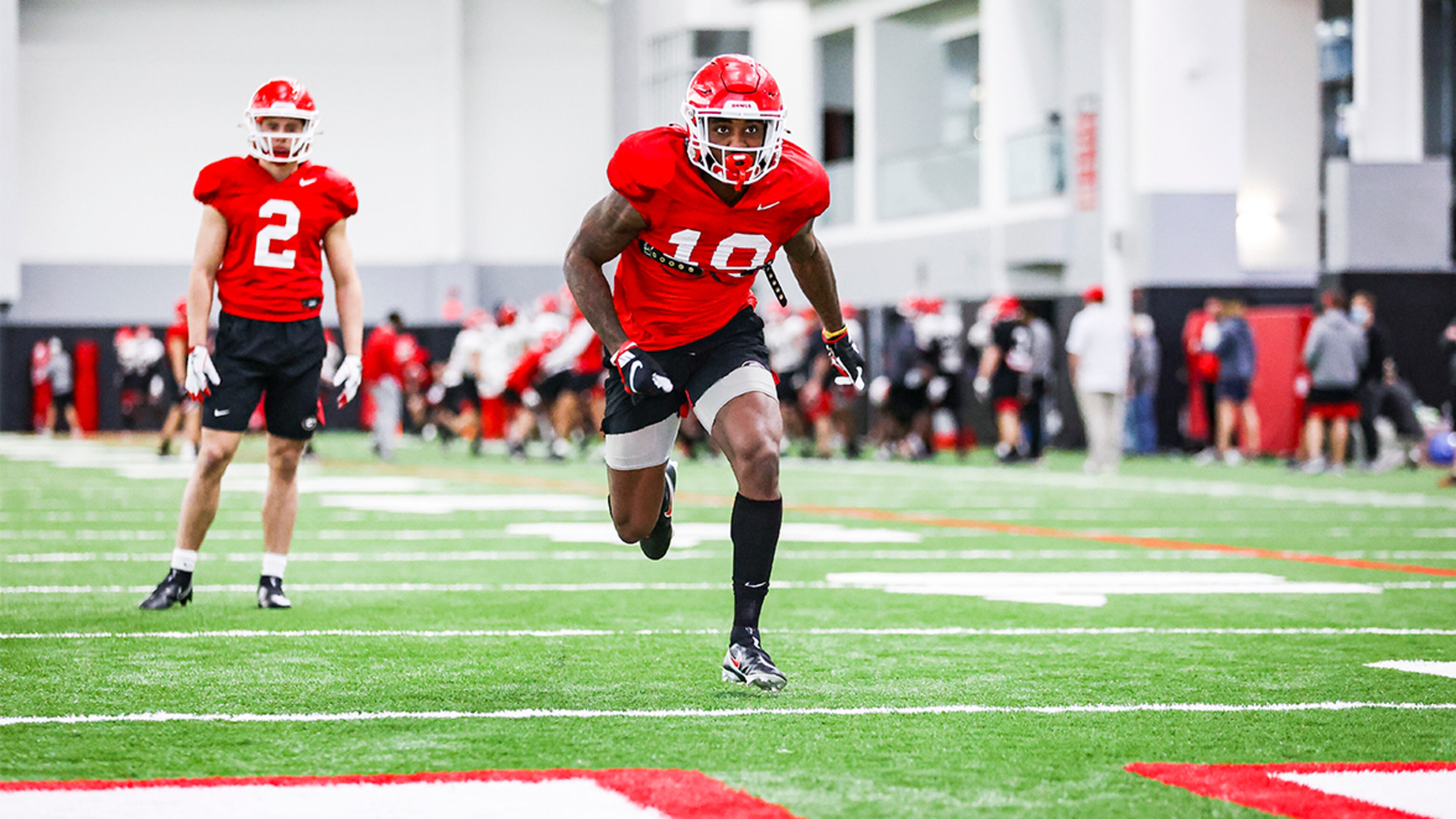 Georgia wide receiver Kearis Jackson (10) runs a route during the Bulldogs’ practice session ahead of the Chick-fil-A Peach Bowl Bowl Tuesday, Dec. 29, 2020, in Athens. (Tony Walsh/UGA Sports)