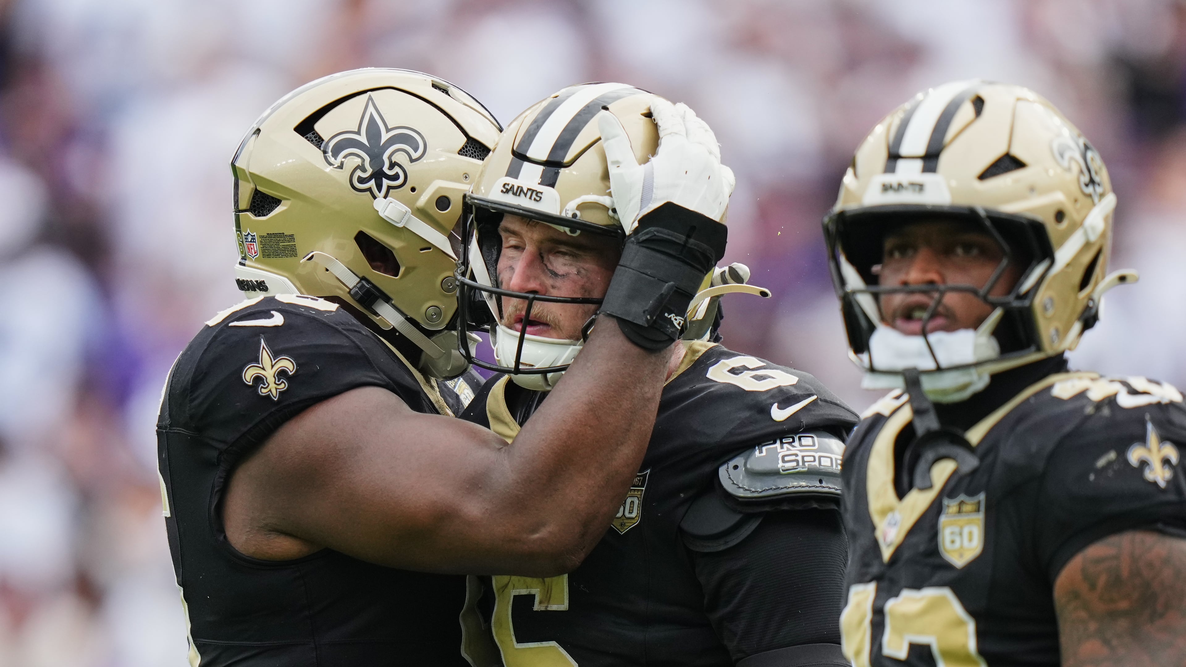 New Orleans Saints quarterback Tyler Shough (6) reacts after scoring the winning touchdown on fourth down in the second half of an NFL football game against the Baltimore Ravens in Baltimore, Sunday, Sept. 20, 2026. (AP Photo/Stephanie Scarbrough)