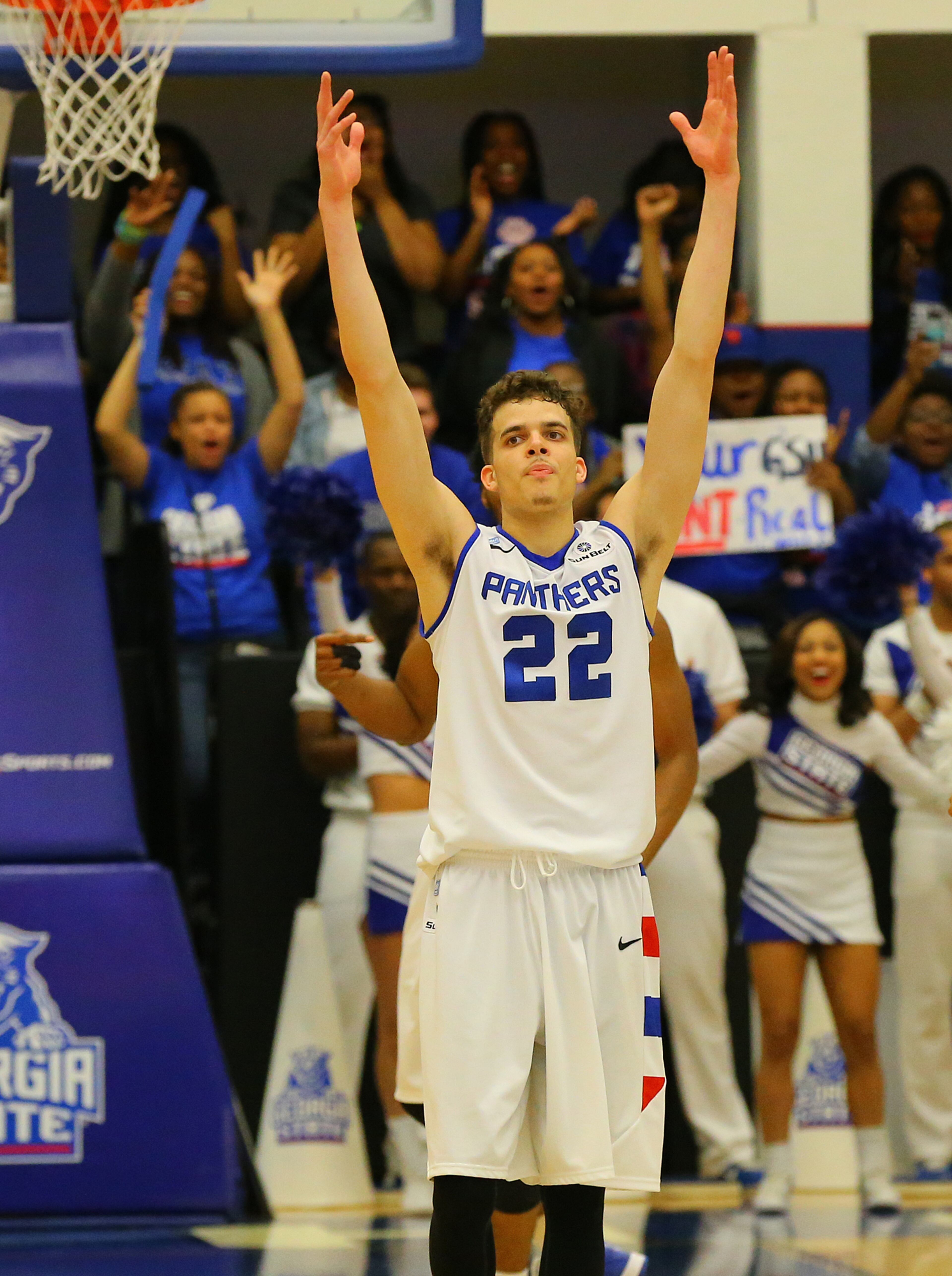 Georgia State guard R.J. Hunter reacts after hitting a 3-pointer against Georgia Southern, firing up the fans during a basketball game on Saturday, March 7, 2015, in Atlanta.