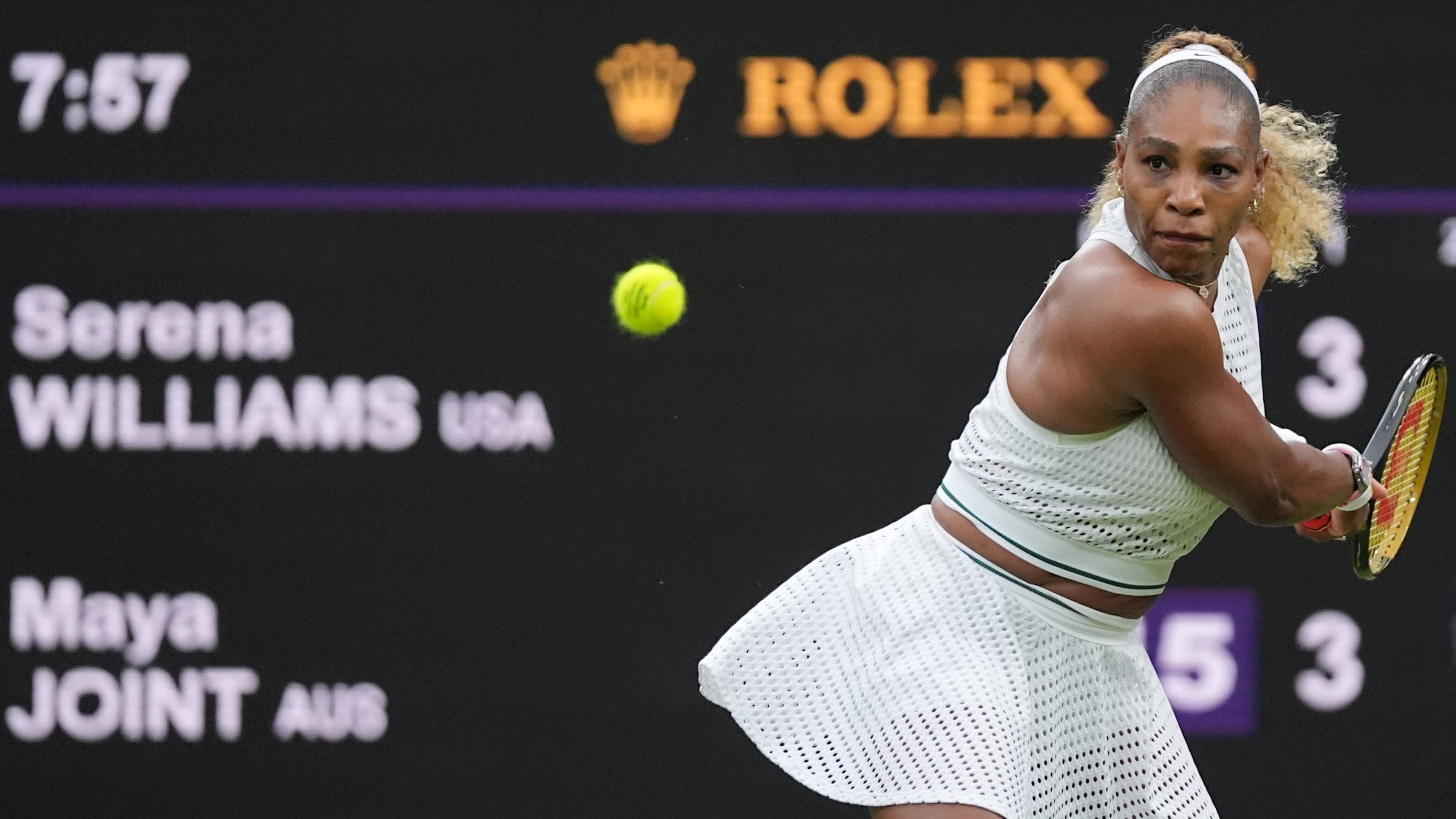 Serena Williams of the United States plays a backhand against Maya Joint of Australia in their first round women's singles match at the Wimbledon Tennis Championships in London, Tuesday, June 30, 2026. (AP Photo/Maja Smiejkowska)