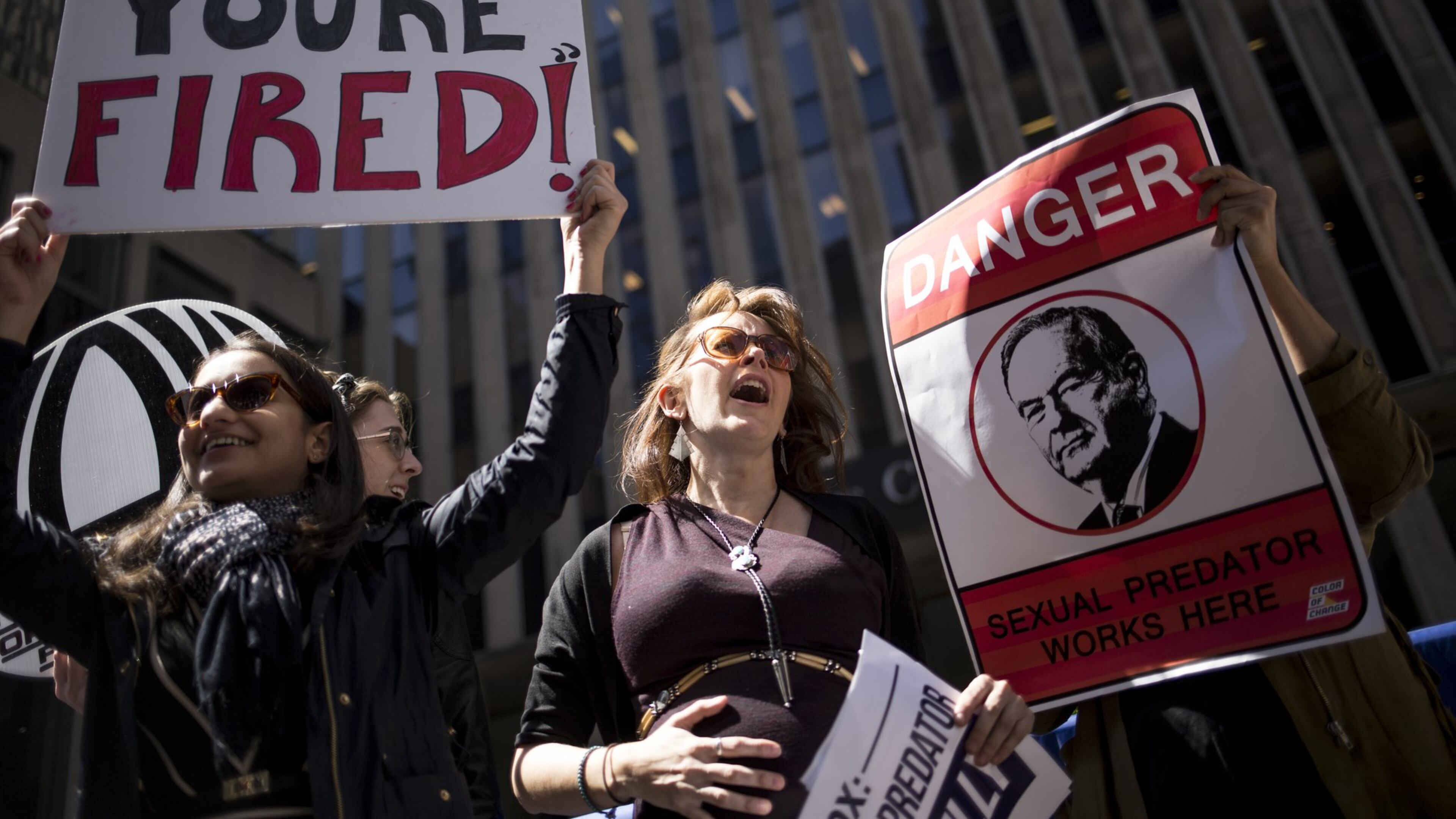 People protest Bill O’Reilly at Fox News headquarters in New York. (Alex Wroblewski/The New York Times)