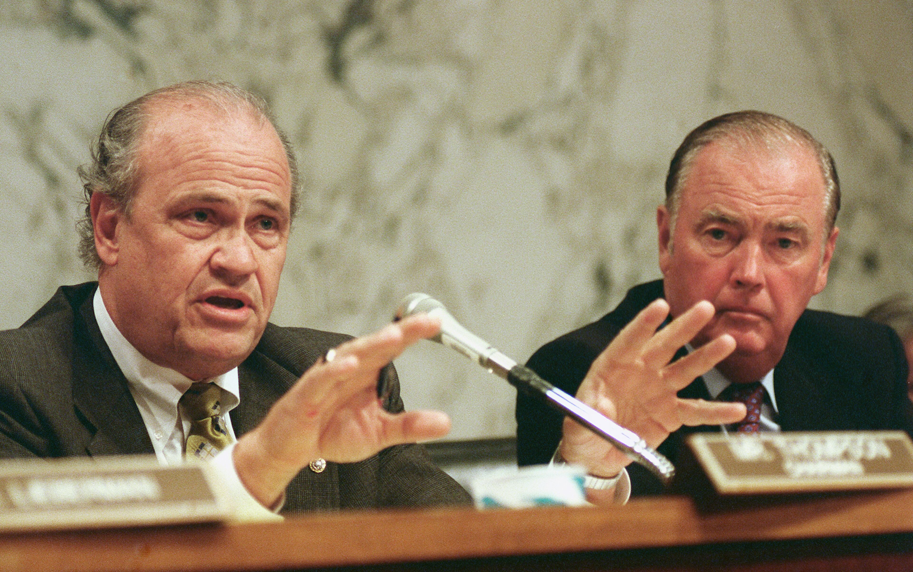 UNITED STATES - OCTOBER 19: NATIONAL NUCLEAR SECURITYADMINISTRATION-- Senate Governmental Affairs Chairman Fred Thompson, R-Tenn., and Senate Energy and Natural Resources Frank H. Murkowski, R-Alaska, during a joint hearing on the Defense Authorization Act, which requires the creation of a National Nuclear Security Administration within the Department of Energy. (Photo by Scott J. Ferrell/Congressional Quarterly/Getty Images)