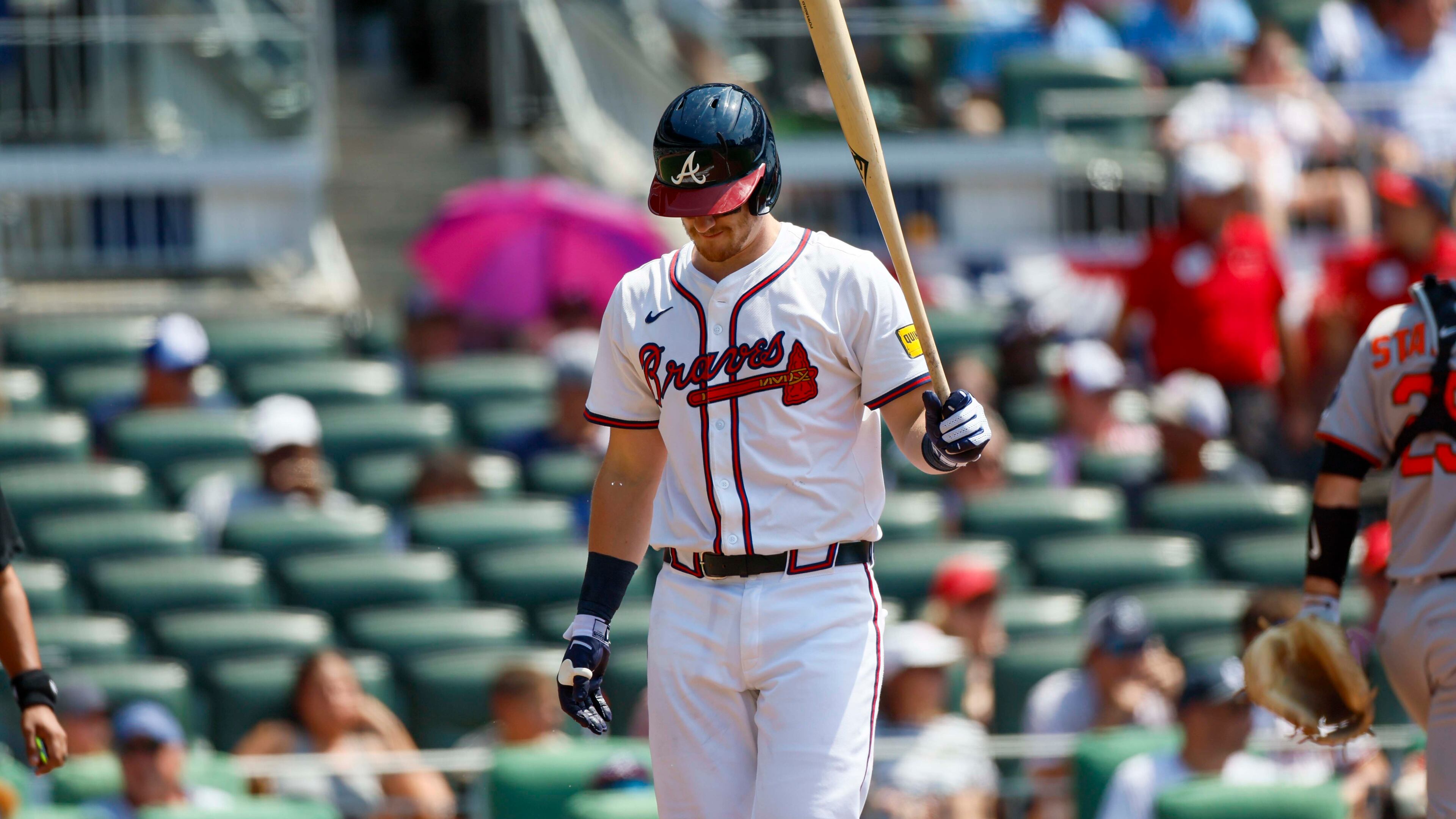 Atlanta Braves catcher Sean Murphy (12) reacts after striking out during the second inning against the Baltimore Orioles at Truist Park on Sunday, July 6, 2025, in Atlanta.
(Miguel Martinez/AJC)
