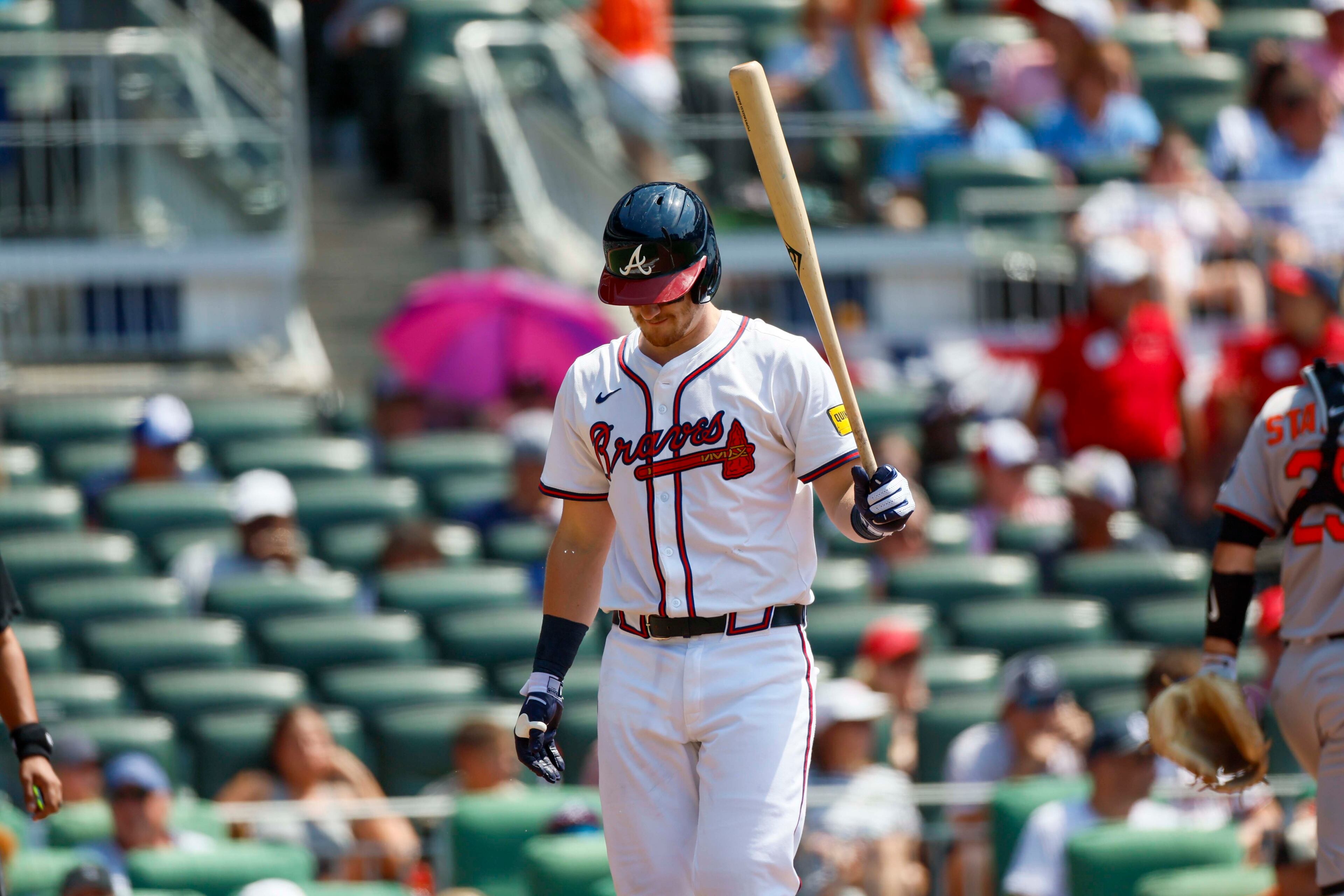 Atlanta Braves catcher Sean Murphy (12) reacts after strimg out during the second inning against the Baltimore Orioles at Truist Park on Sunday, July 6, 2025, in Atlanta.
(Miguel Martinez/ AJC)