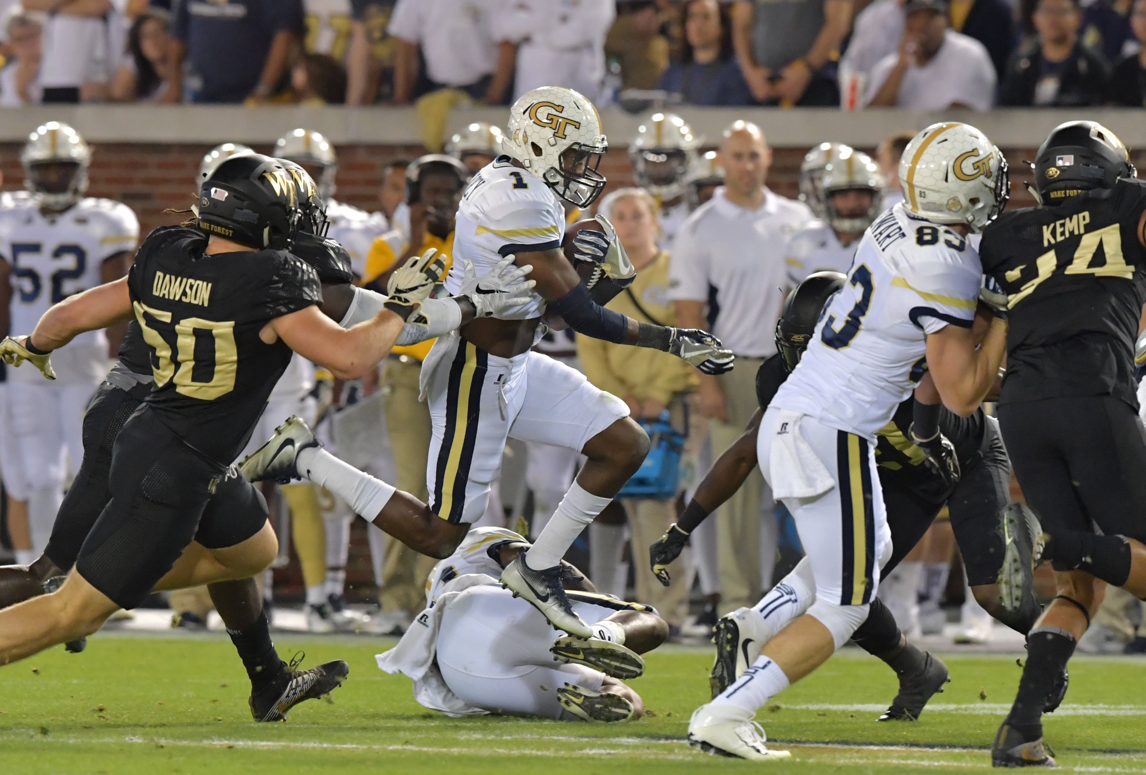 October 21, 2017 Atlanta - Georgia Tech running back Qua Searcy (1) runs with the ball in the first half of an NCAA college football game at Bobby Dodd Stadium on Saturday, October 21, 2017. HYOSUB SHIN / HSHIN@AJC.COM