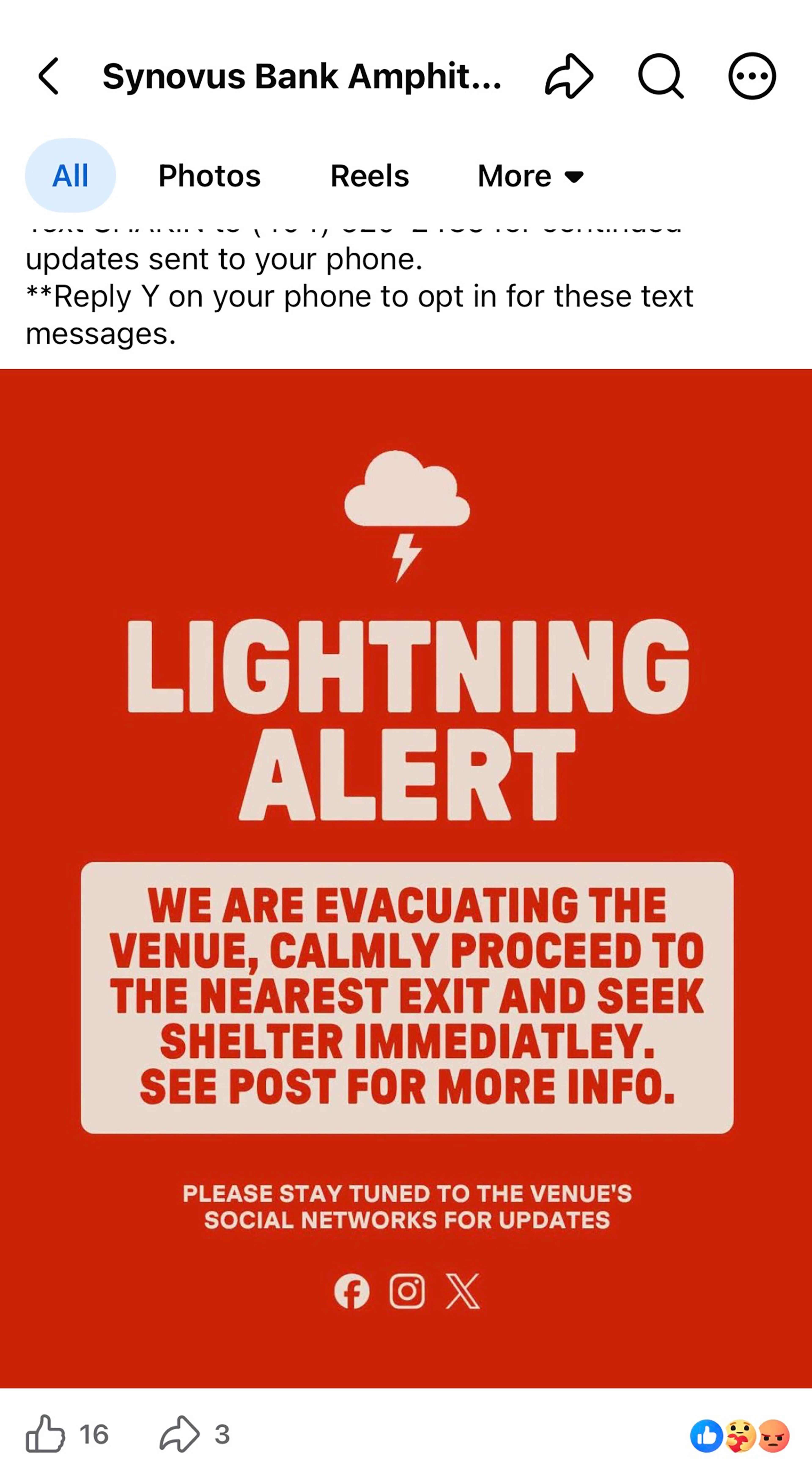 Synovus Bank Amphitheater provided updates on the Guess Who concert on X, Facebook and Instagram. Weather delays allowed the show to go past the 11 p.m. curfew. (Facebook Screenshot)