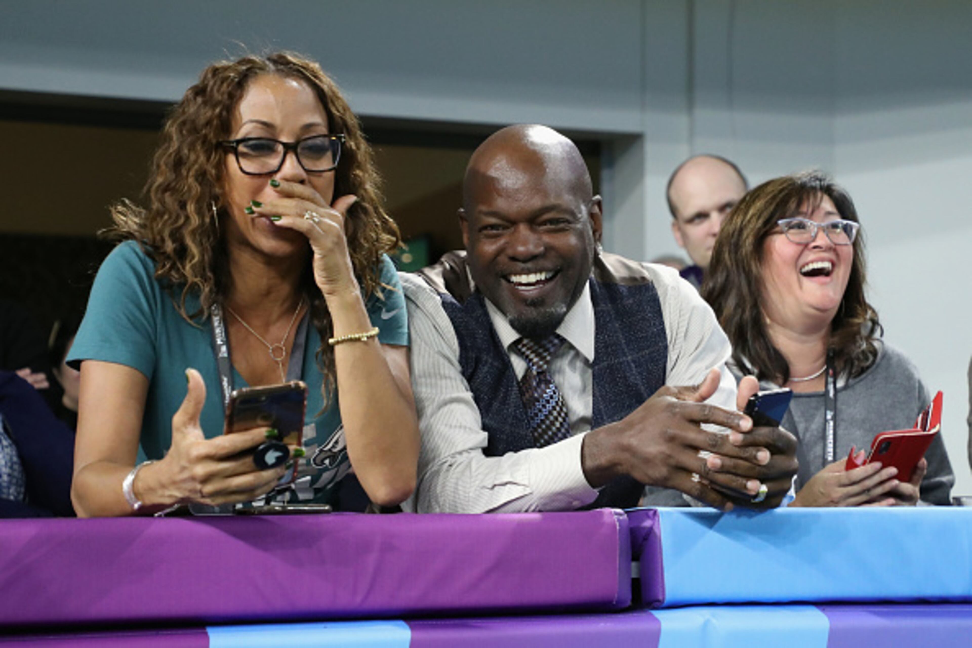 MINNEAPOLIS, MN - FEBRUARY 04: Patricia Southall and former NFL running back Emmit Smith look on during the second quarter of Super Bowl LII between the New England Patriots and the Philadelphia Eagles at U.S. Bank Stadium on February 4, 2018 in Minneapolis, Minnesota. (Photo by Rob Carr/Getty Images)
