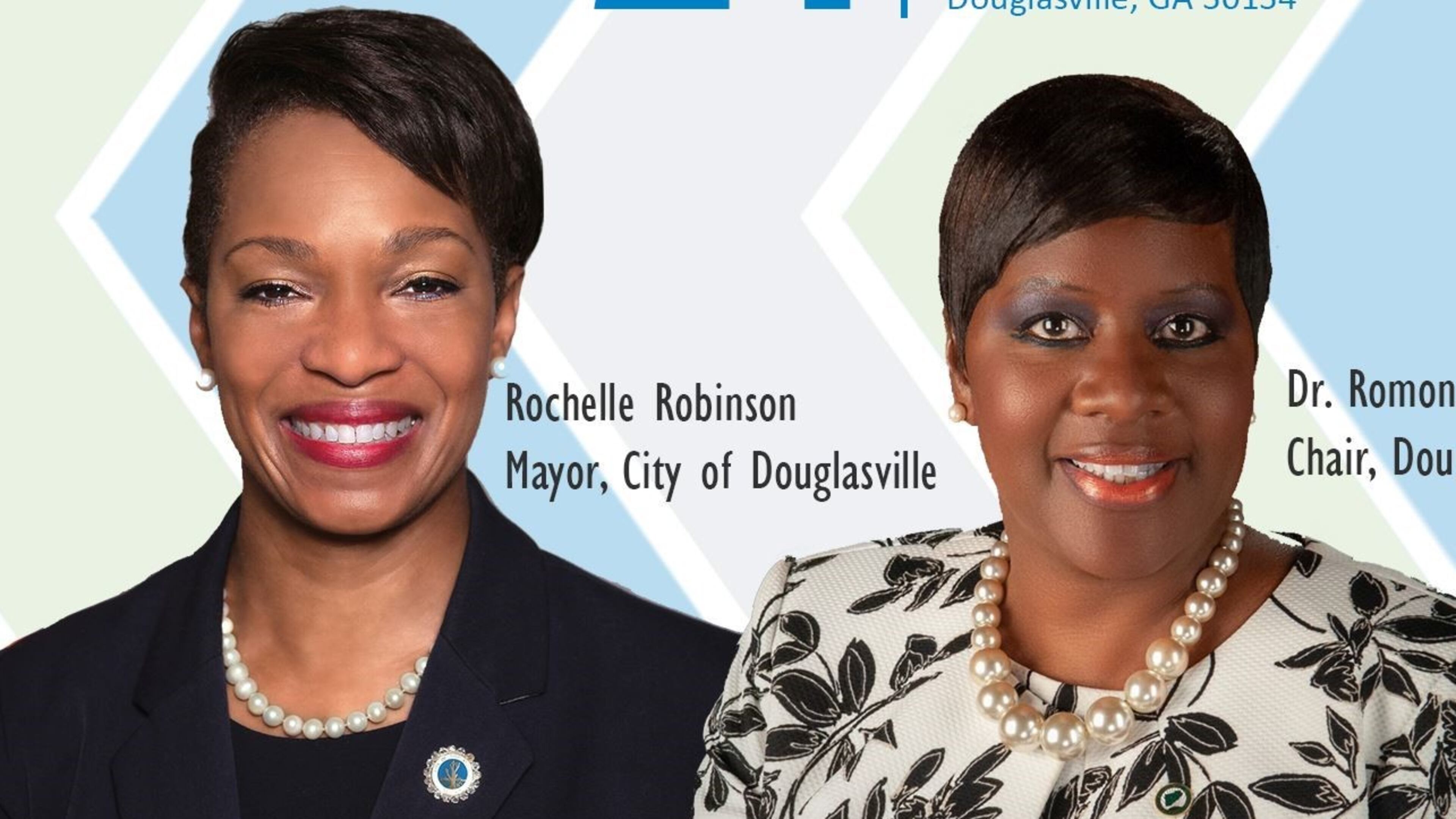 (L-R) Douglasville Mayor Rochelle Robinson and Douglas County Chair Dr. Romona Jackson-Jones will present the State of Douglasville-Douglas County from noon to 1:15 p.m. April 21 free online at CouncilForQualityGrowth.org. (Courtesy of Douglas County and Douglasville)