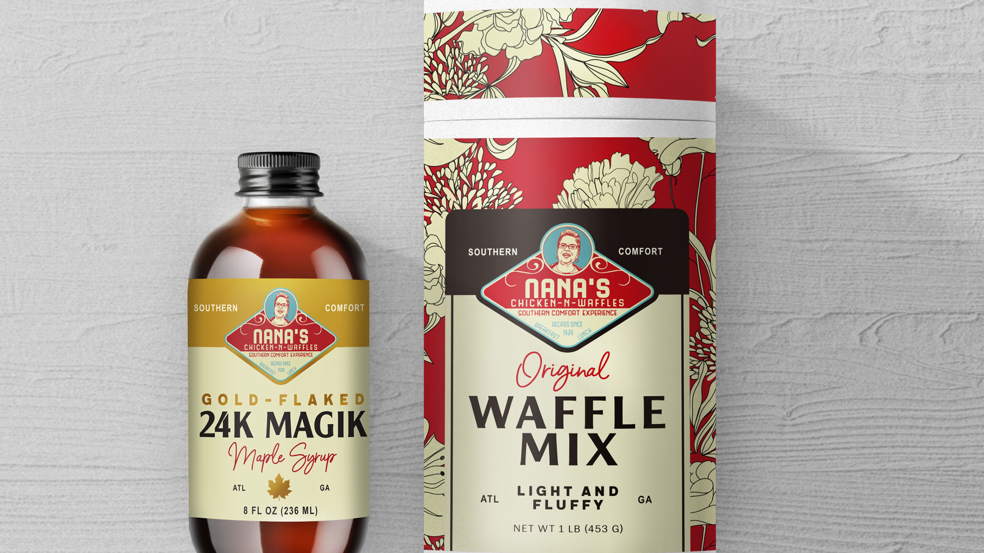 Waffle mix and 24-karat gold-flaked syrup. Courtesy of Nana’s Chicken-n-Waffles