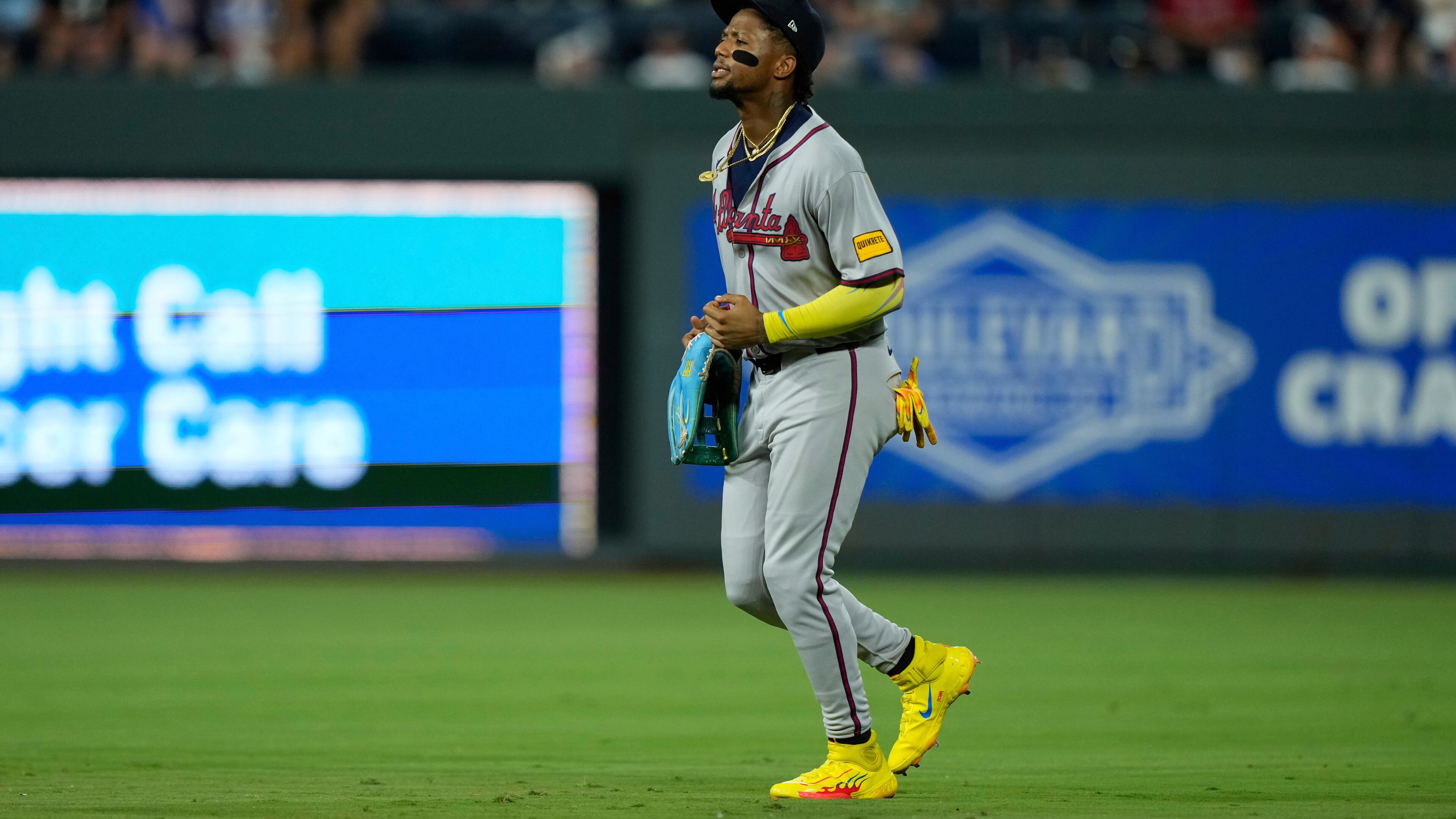 Atlanta Braves right fielder Ronald Acuña Jr. jogs to the dugout as he comes out of the game during the sixth inning of a baseball game against the Kansas City Royals, Tuesday, July 29, 2025, in Kansas City, Missouri. (Charlie Riedel/AP)
