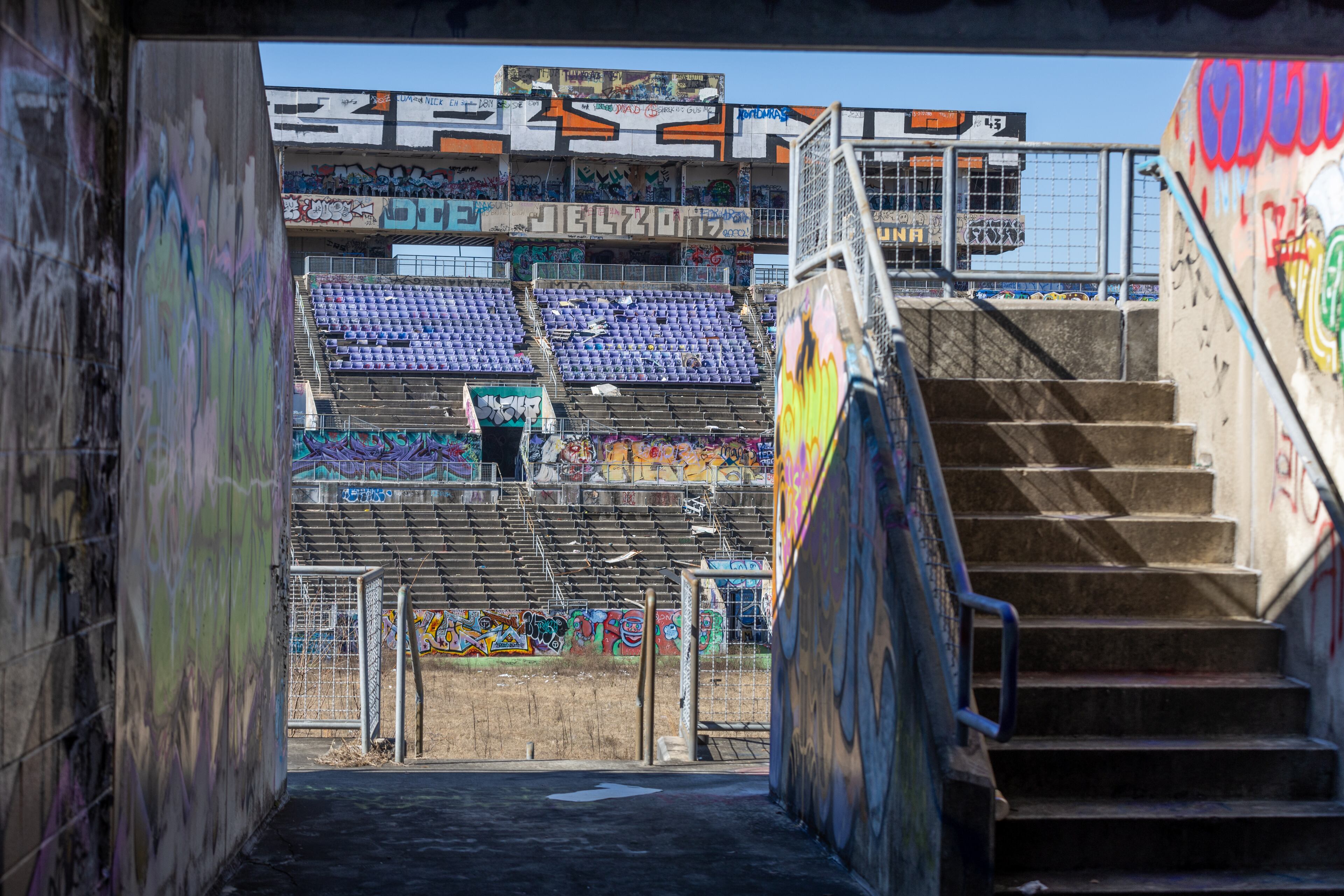 Today, the abandoned Herndon Stadium is covered in graffiti and weeds have replaced the carefully manicured turf. (Steve Schaefer/steve.schaefer@ajc.com)