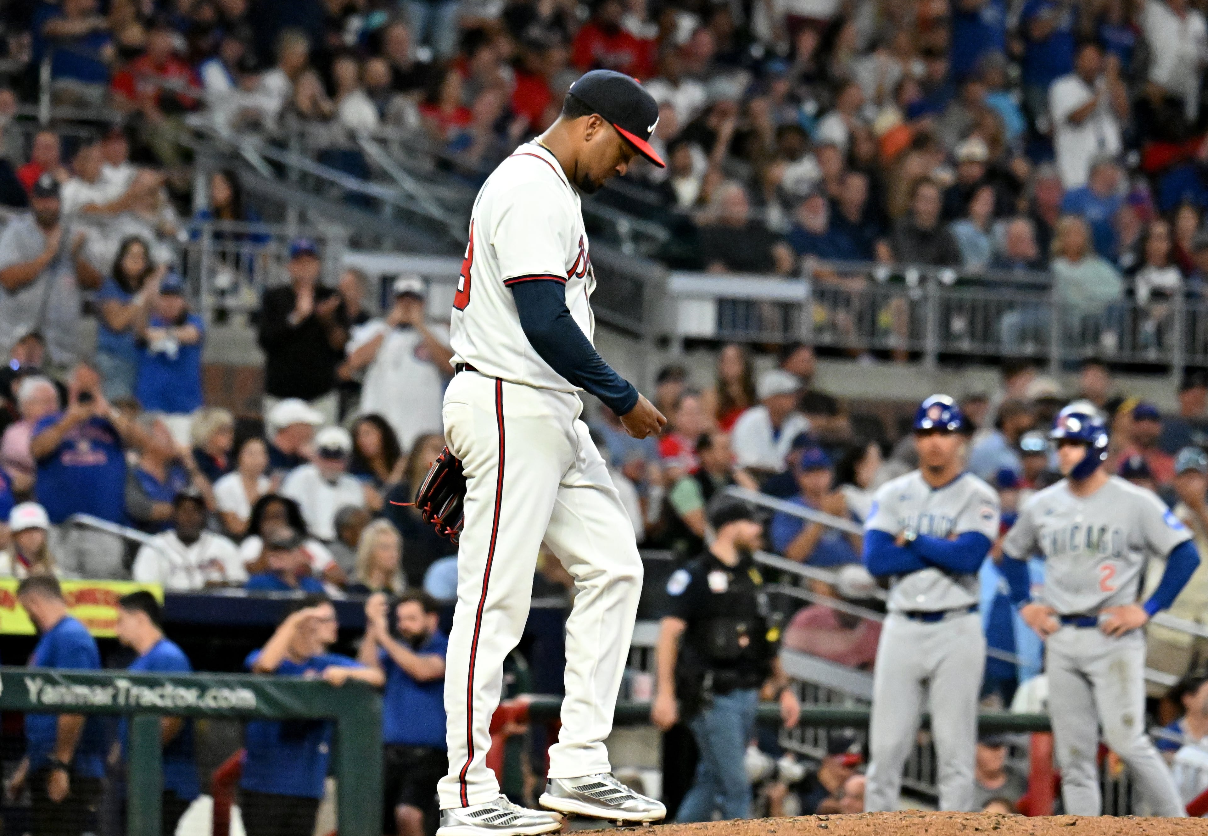 Atlanta Braves pitcher Alexis Díaz (48) reacts after allowing an RBI walk during the eighth inning of a baseball game at Truist Park, Tuesday, September 9, 2025, in Atlanta. Chicago Cubs won 6-1 over Atlanta Braves. (Hyosub Shin / AJC)