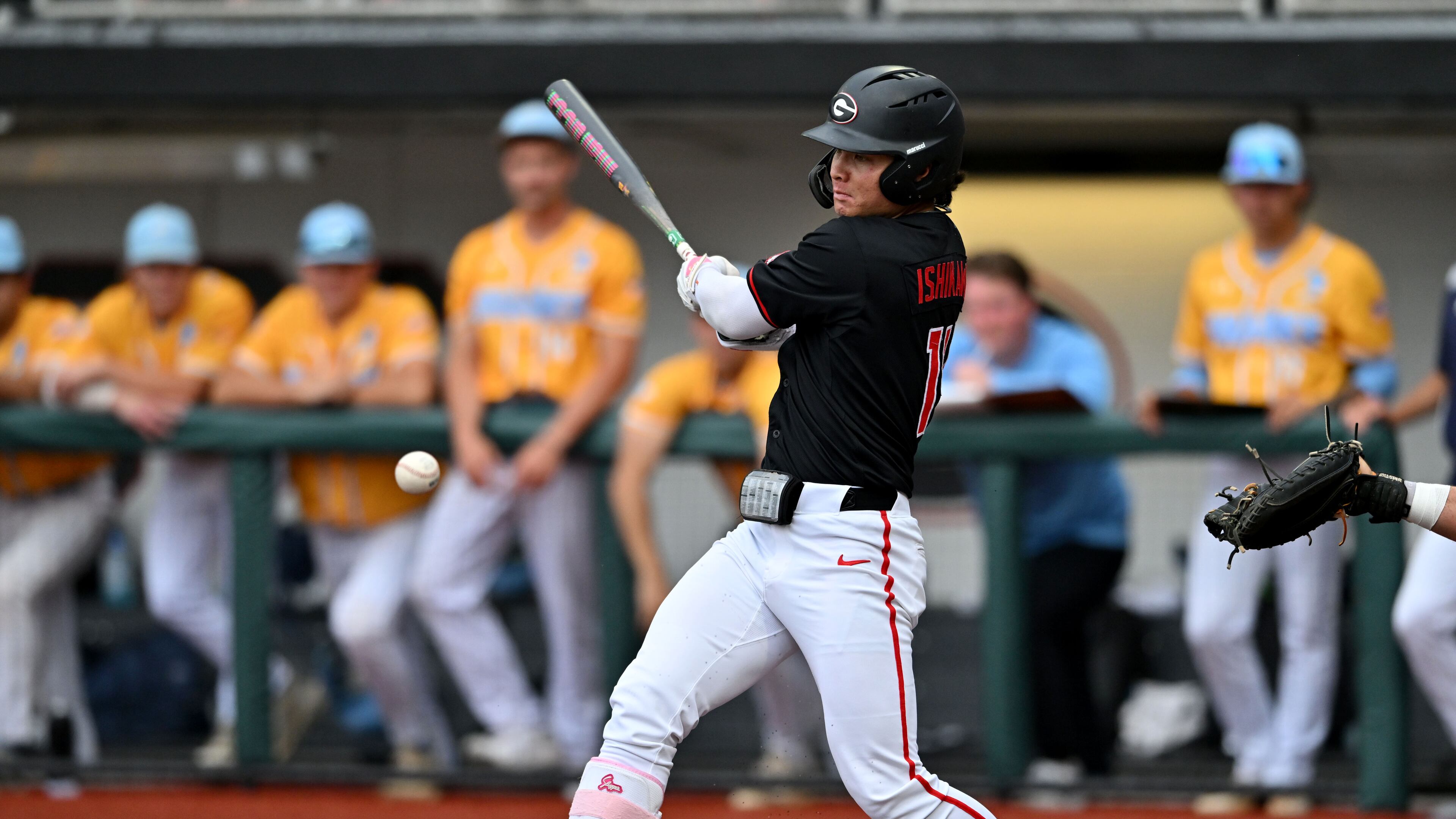 Georgia Kenny Ishikawa hits a single, but advanced to third base on a throwing error during the third inning of their NCAA Regional game at Foley Field, Friday, May 29, 2026, in Athens. (Hyosub Shin/AJC)