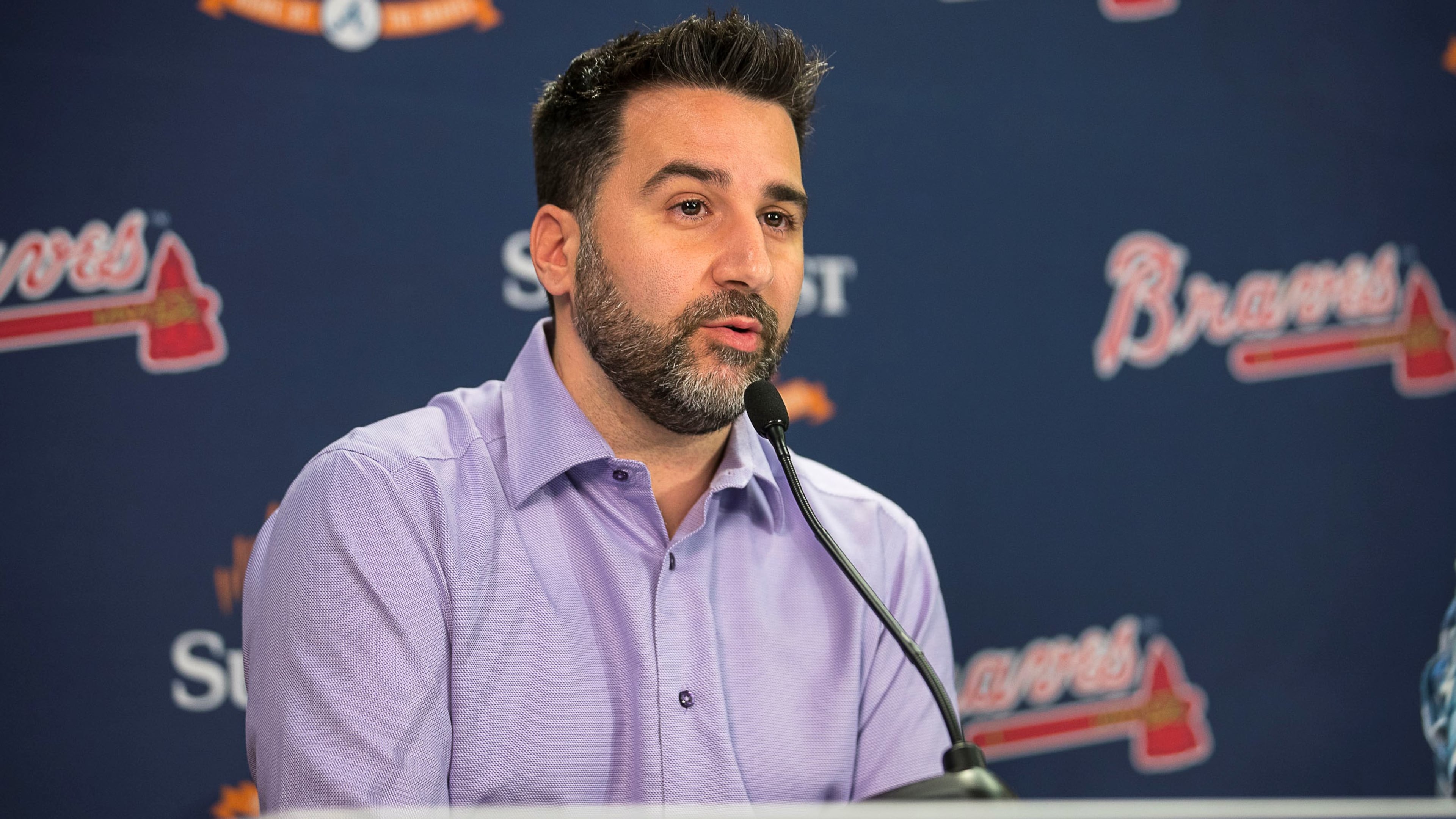10/10/2019 -- Atlanta, Georgia --Atlanta Braves general manager Alex Anthopoulos answers questions during a presser a day following the Atlanta Braves loss to the St. Louis Cardinals in the NLDS at SunTrust Park in Atlanta, Thursday, October 10, 2019. (Alyssa Pointer/Atlanta Journal Constitution)