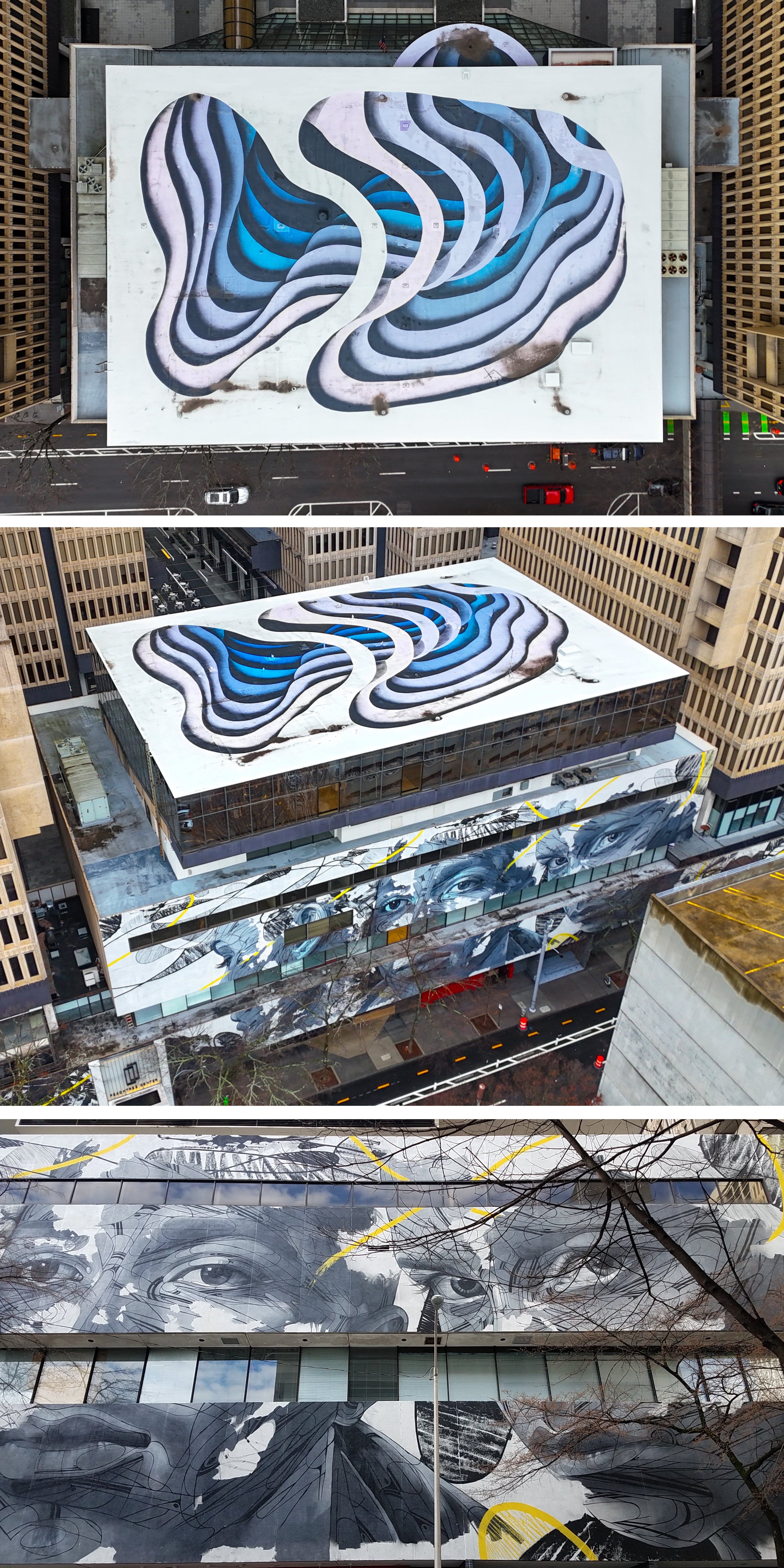 Above, atop a Peachtree Center building, is “Paradigm Shift” by Polish-German artist 1010. Just below it is "Symphony," by French artist Hopare. (Courtesy of Arthur Rudick)