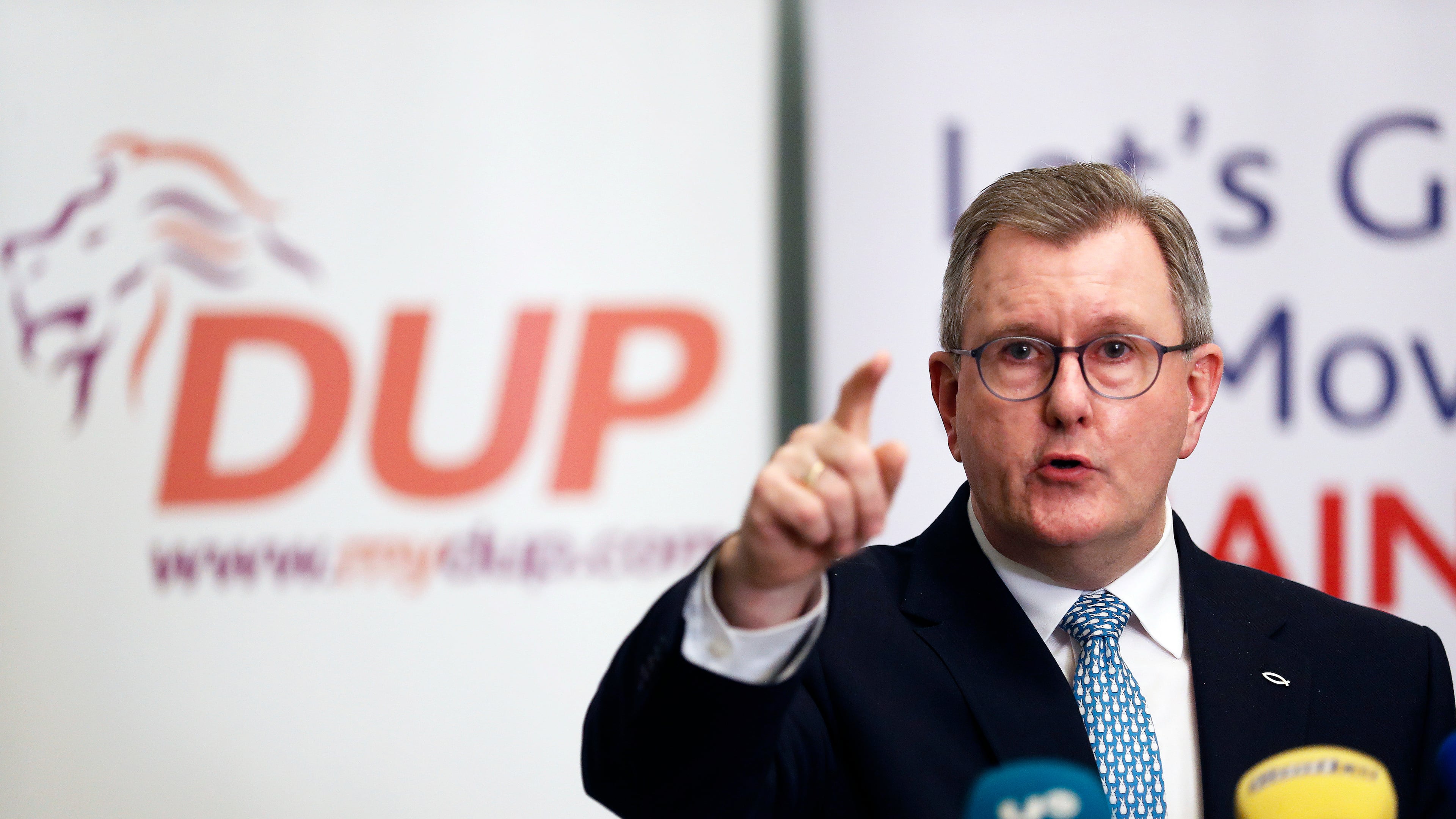 FILE - Democratic Unionist Party (DUP) leader Jeffrey Donaldson speaks to the media during a press conference at Hinch Distillery, Temple, Northern Ireland, on Jan. 30, 2024. (AP Photo/Peter Morrison, File)