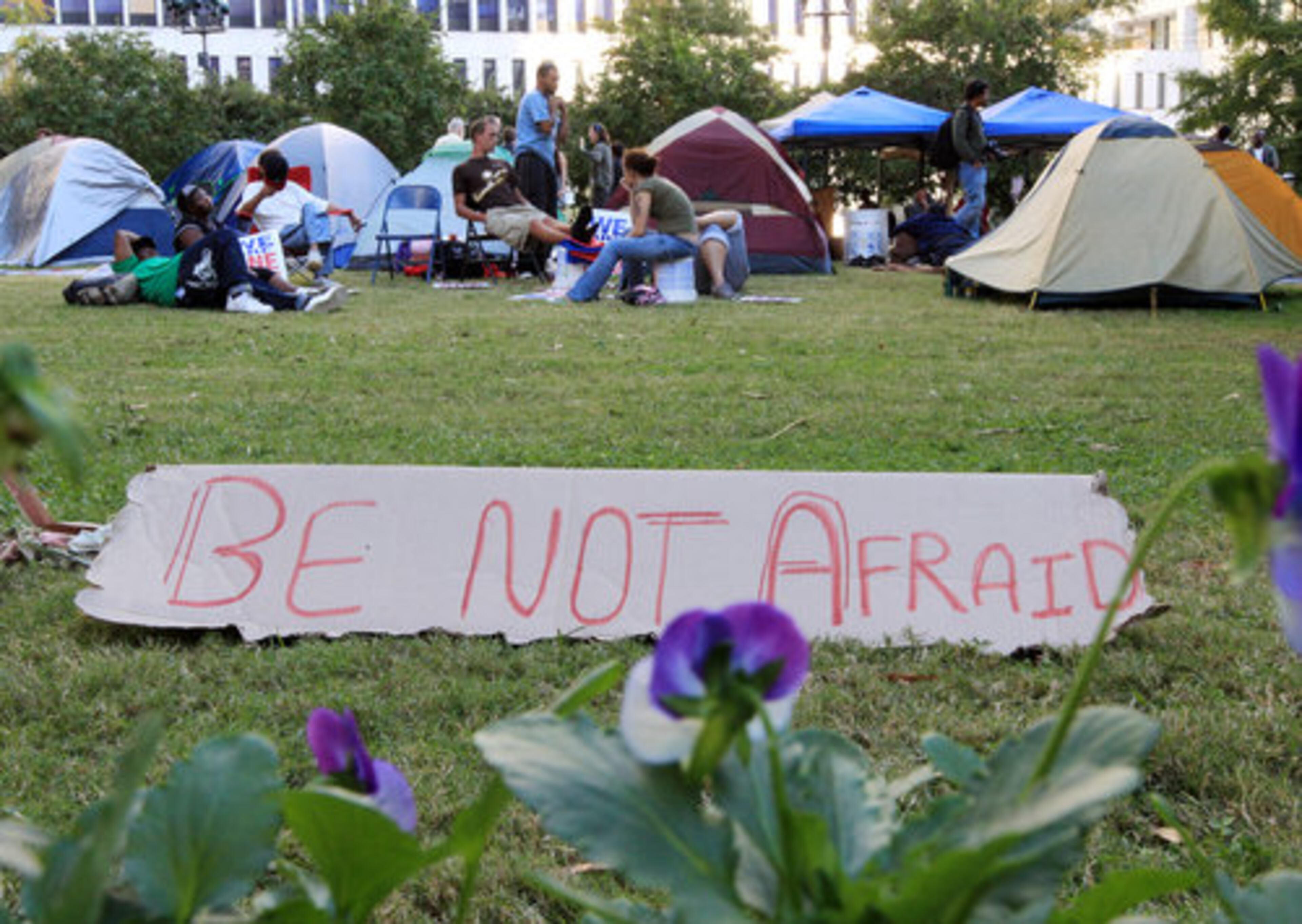 Occupy Atlanta protesters hang out in Woodruff Park on Monday, Oct. 17, 2011.