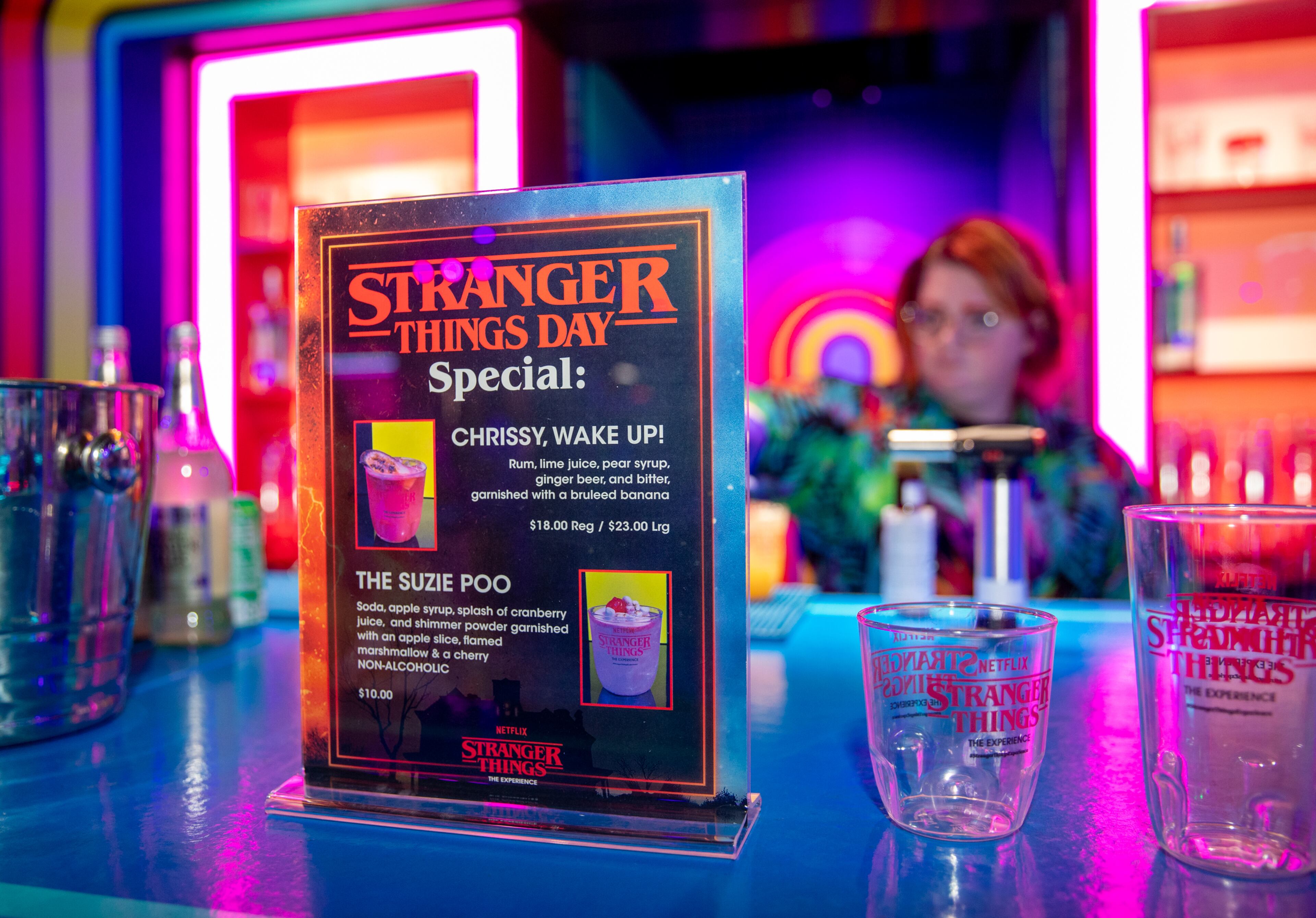 "Stranger Things: The Experience" at Pullman Yards ends in the Mix-Tape lounge where The Upside bar has themed cocktails and mocktails, ice cream, pizza, merchandise and photo opportunities. (Jenni Girtman for The Atlanta Journal-Constitution)