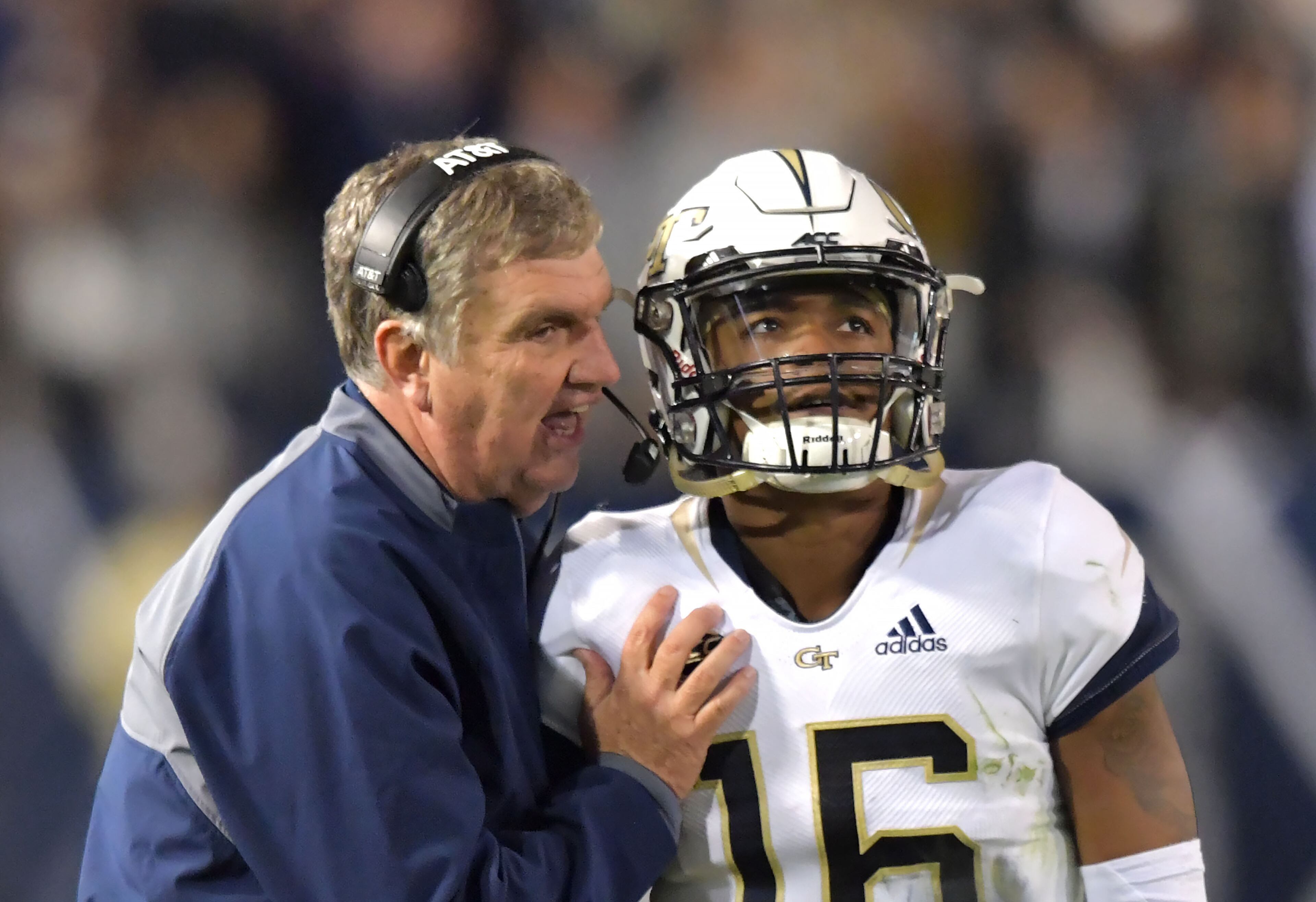 November 10, 2018 Atlanta - Georgia Tech head coach Paul Johnson instructs quarterback TaQuon Marshall in the first half against the Miami at Bobby Dodd Stadium on Saturday, November 10, 2018. HYOSUB SHIN / HSHIN@AJC.COM