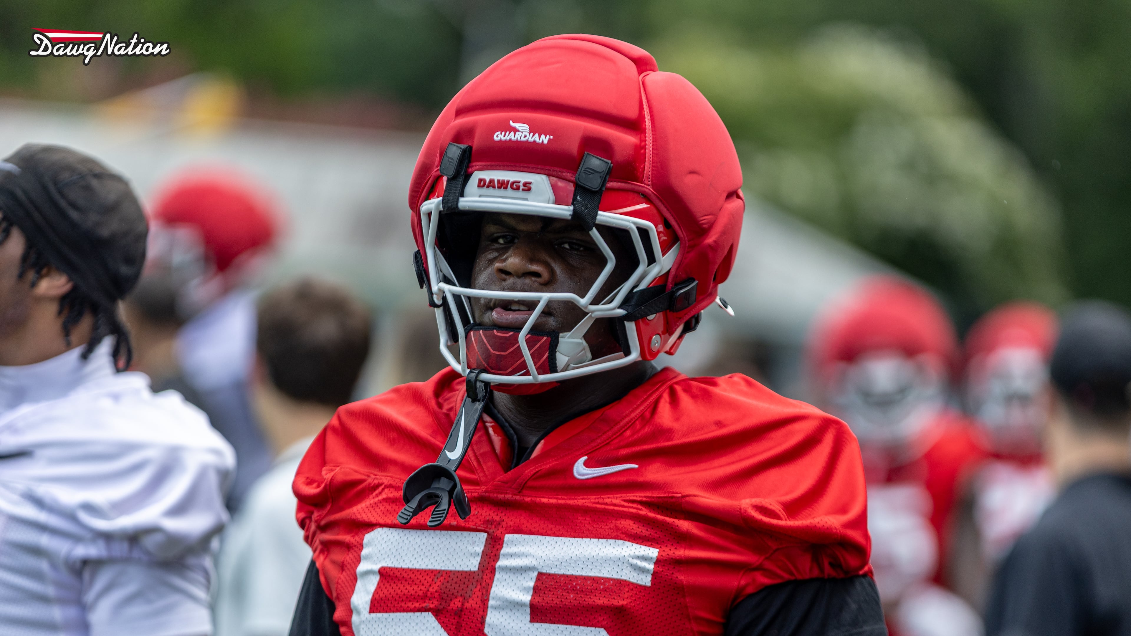 Promising true freshman OL Zykie Helton scans the action during Georgia’s first day of fall camp on Wednesday, Aug. 5, 2026, in Athens. (Jeff Sentell/DawgNation)