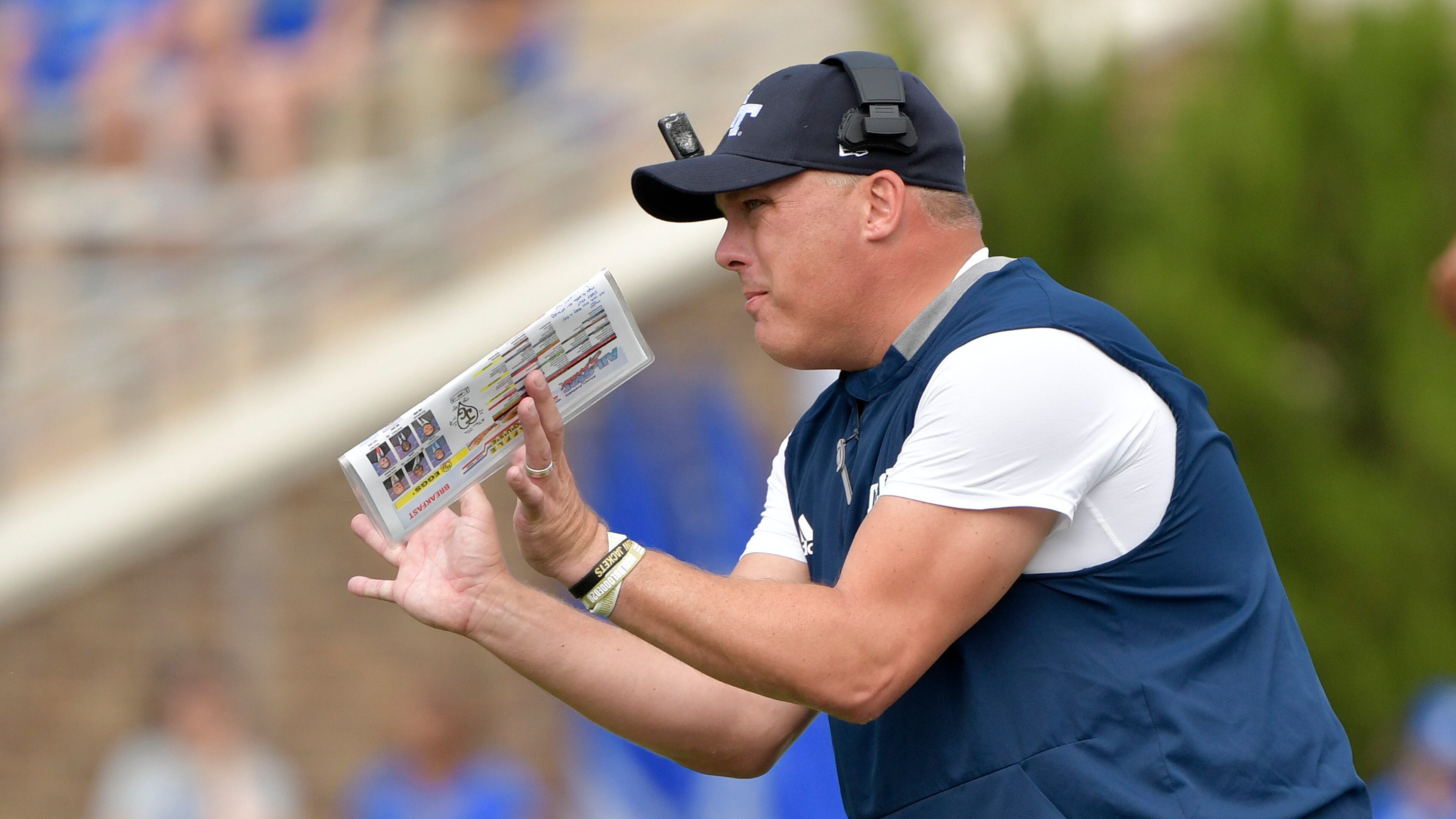 Head coach Geoff Collins of the Georgia Tech Yellow Jackets reacts during the first half of their game against the Duke Blue Devils at Wallace Wade Stadium on October 12, 2019 in Durham, North Carolina. (Photo by Grant Halverson/Getty Images)