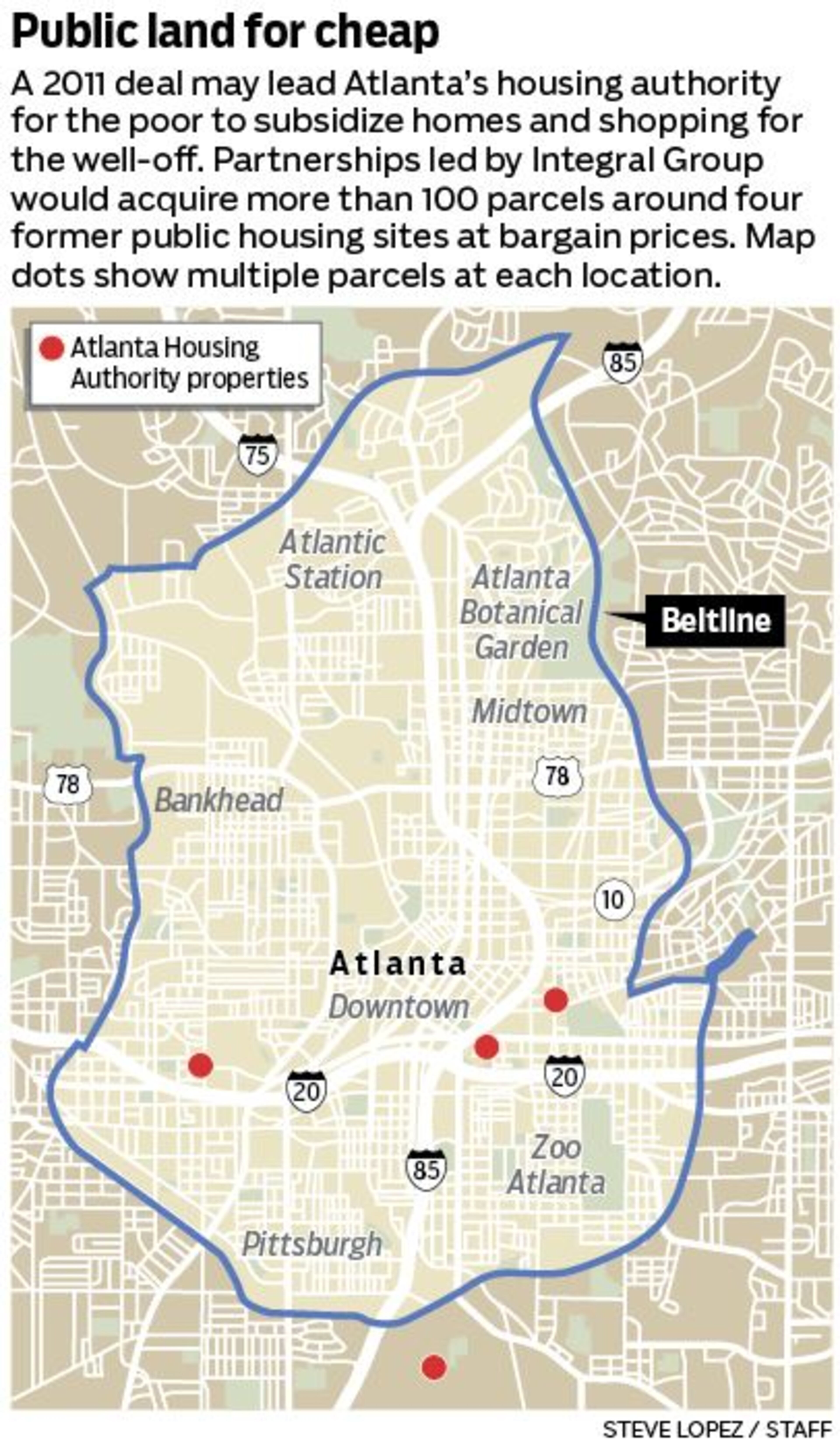 These are the locations of properties subject to an options agreement between the Atlanta Housing Authority and Integral Group. AHA has an internal estimate showing Integral would gain control of the land at a $120 million discount and is seeking to cancel the deal.
