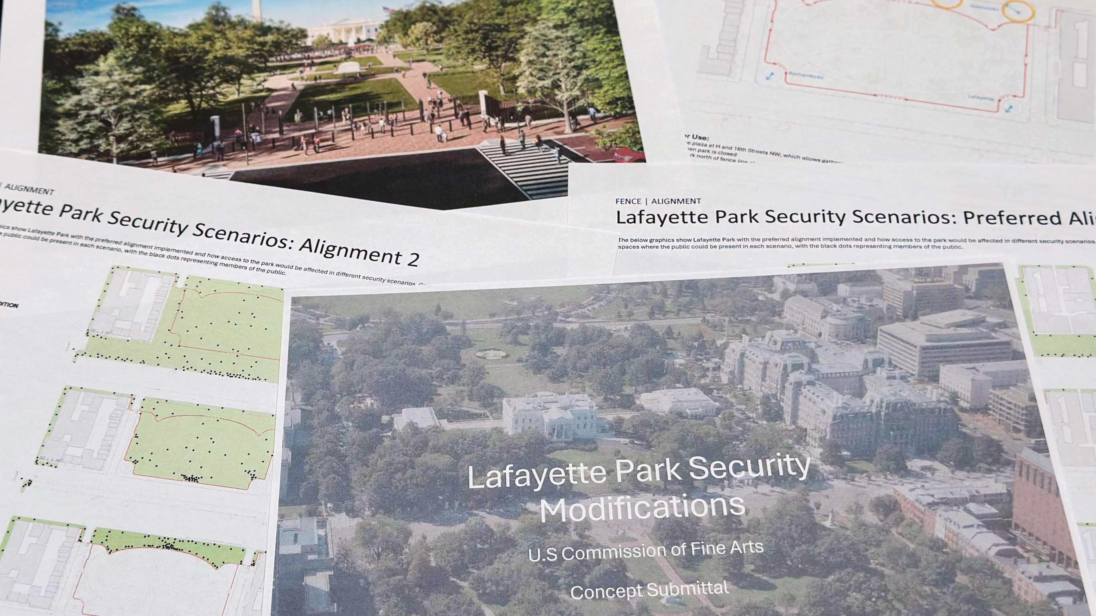 Part of a proposal to improve security at Lafayette Park, across from the White House, is photographed Wednesday, July 15, 2026, before a meeting on July 16 of the U.S. Commission of Fine Arts. (AP Photo/Jon Elswick)