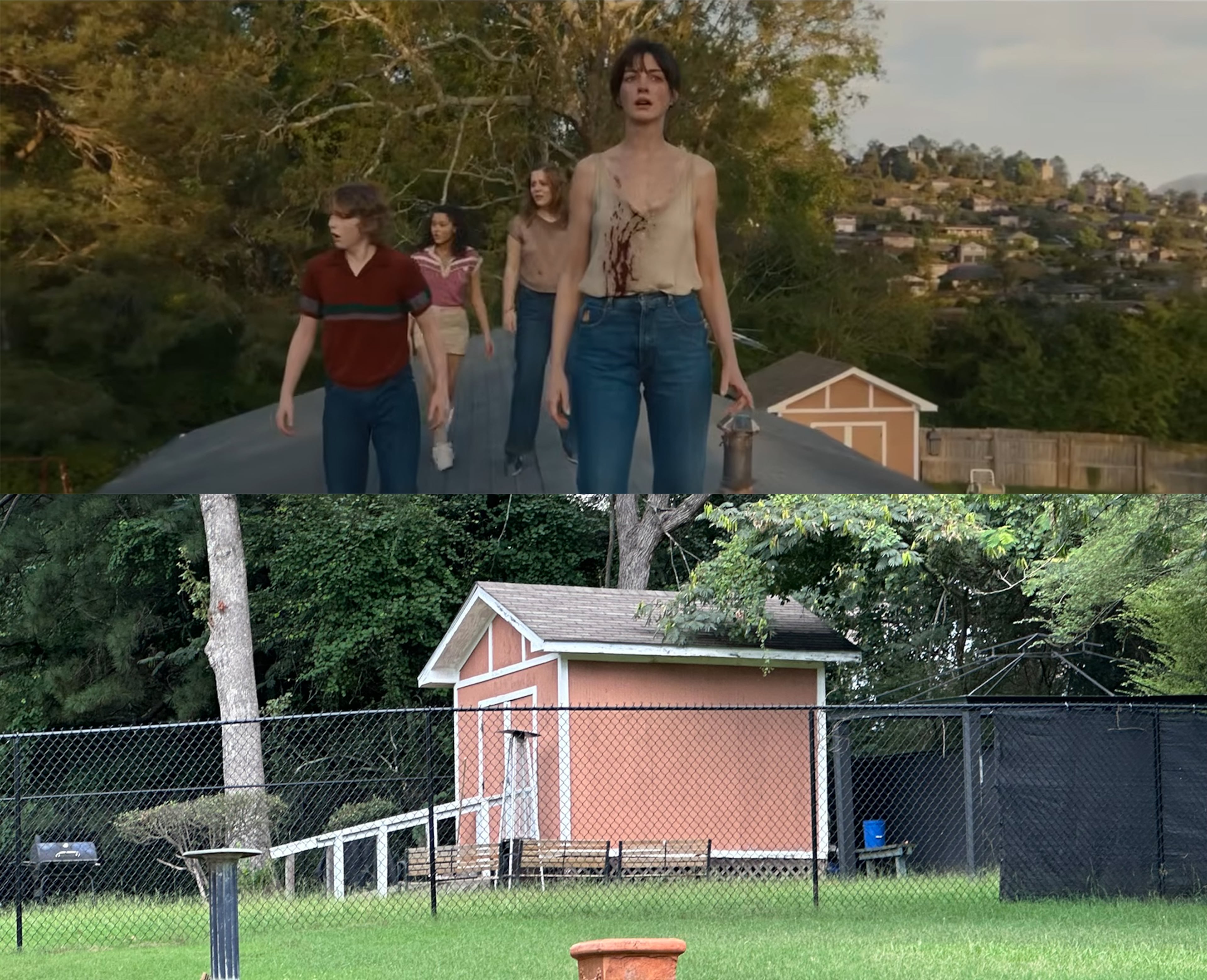 The distinctive shed behind the Platt home in "The End of Oak Street" shot in 2024 is still there off Wisteria Lane in Southwest Atlanta two years later. (Credit: Top, courtesy of Warner Brothers, bottom, Rodney Ho/AJC)