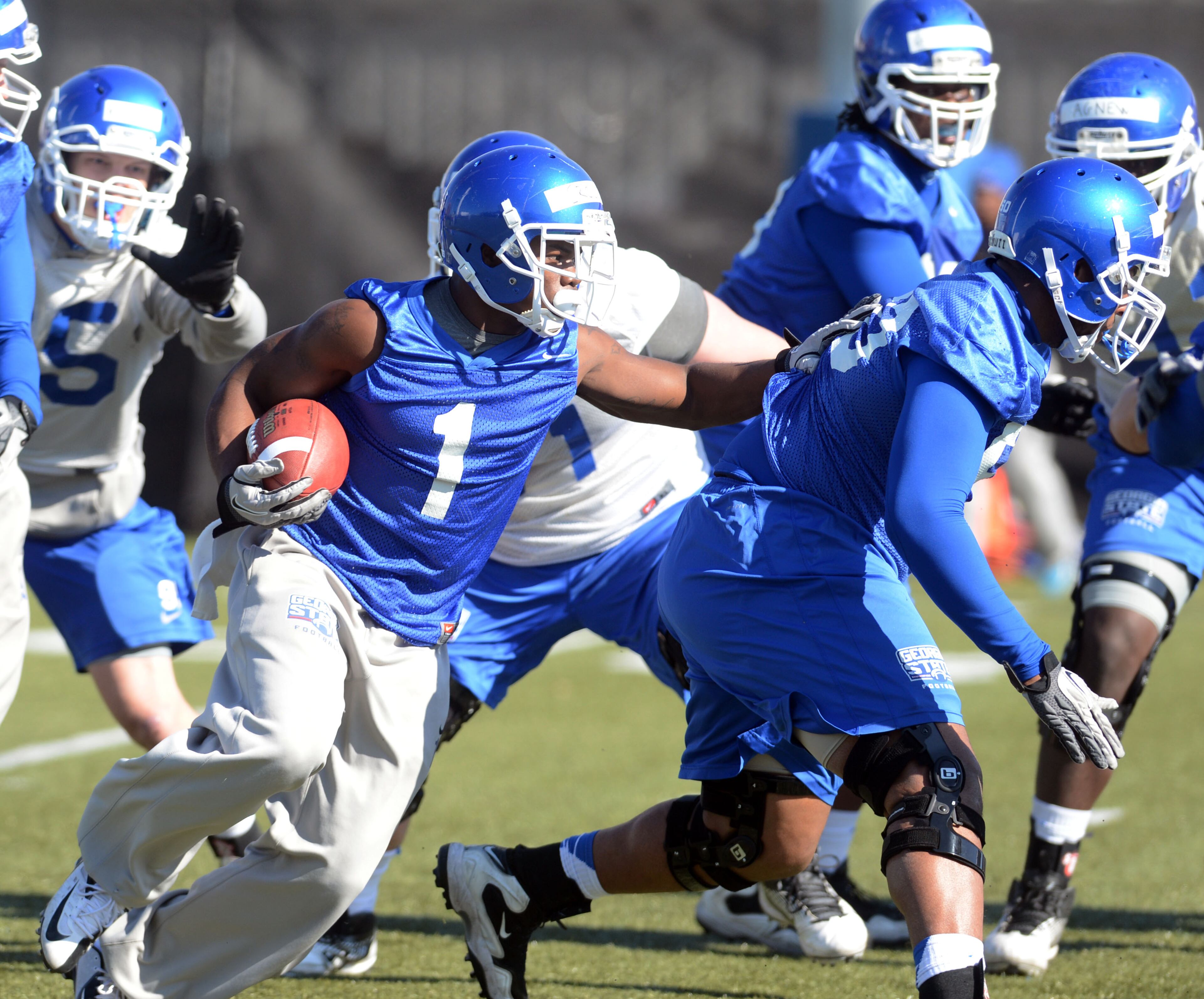 CB Nate Anthony runs with the ball during Weds practice. Georgia State opened its first spring practice under new head coach Trent Miles at the GSU Practice Complex in downtown Atlanta Wednesday, March 27, 2013.
