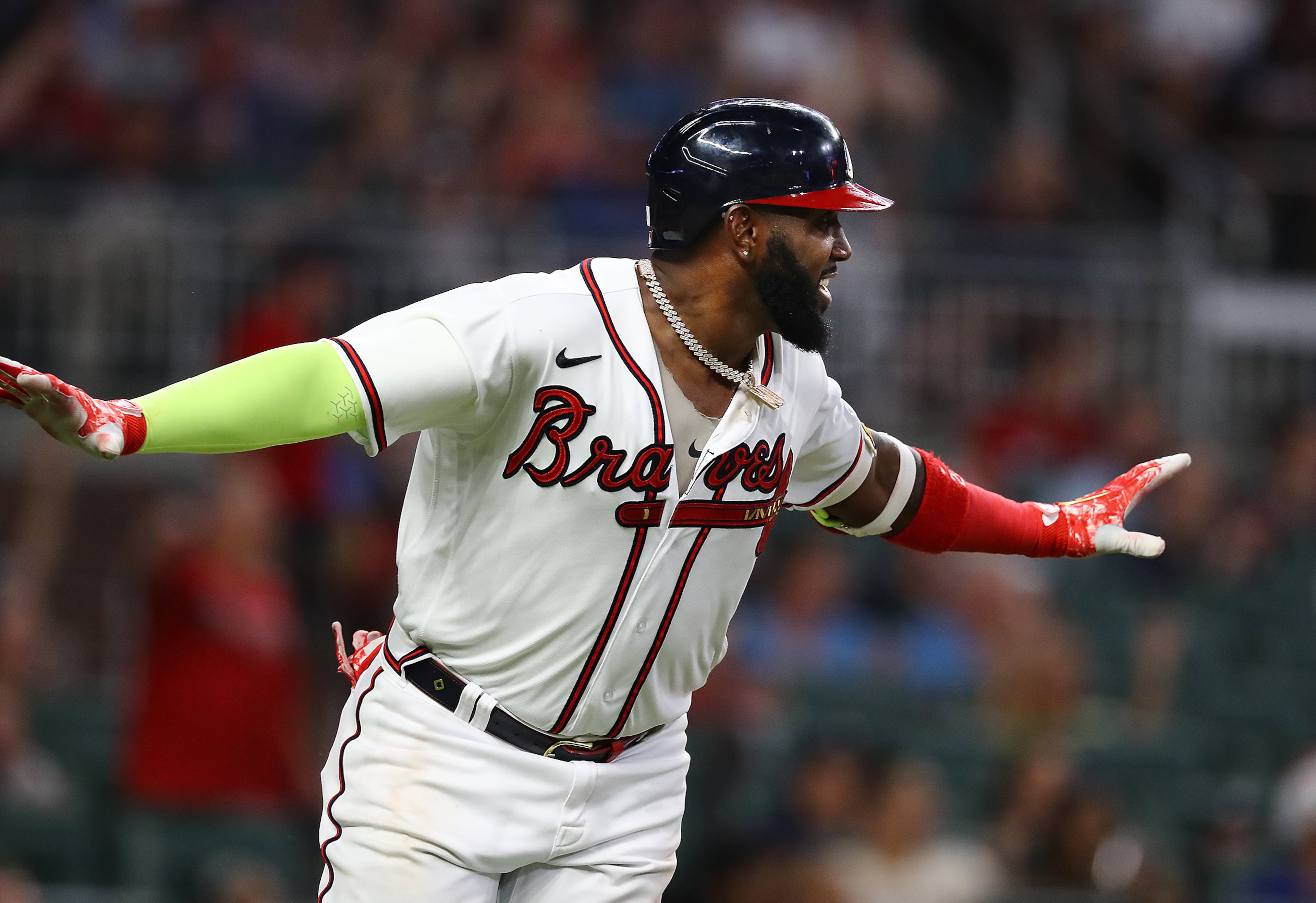 Braves designated hitter Marcell Ozuna reacts to his RBI single to take a 6-1 lead over the Philadelphia Phillies during the fifth inning of a MLB baseball game on Tuesday, August 2, 2022, in Atlanta. “Curtis Compton / Curtis Compton@ajc.com